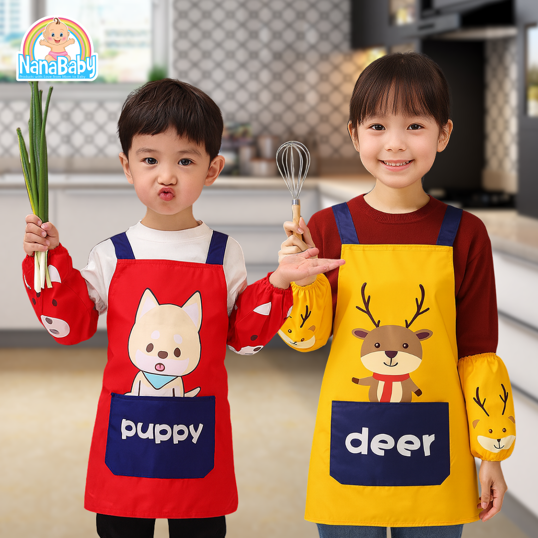 Set ผ้ากันเปื้อนทำอาหารเด็ก +ปลอกแขน NanaBaby ผ้า Oxford กันน้ำ การ์ตูนน่ารัก สำหรับเด็กวัย 2-10 ปี