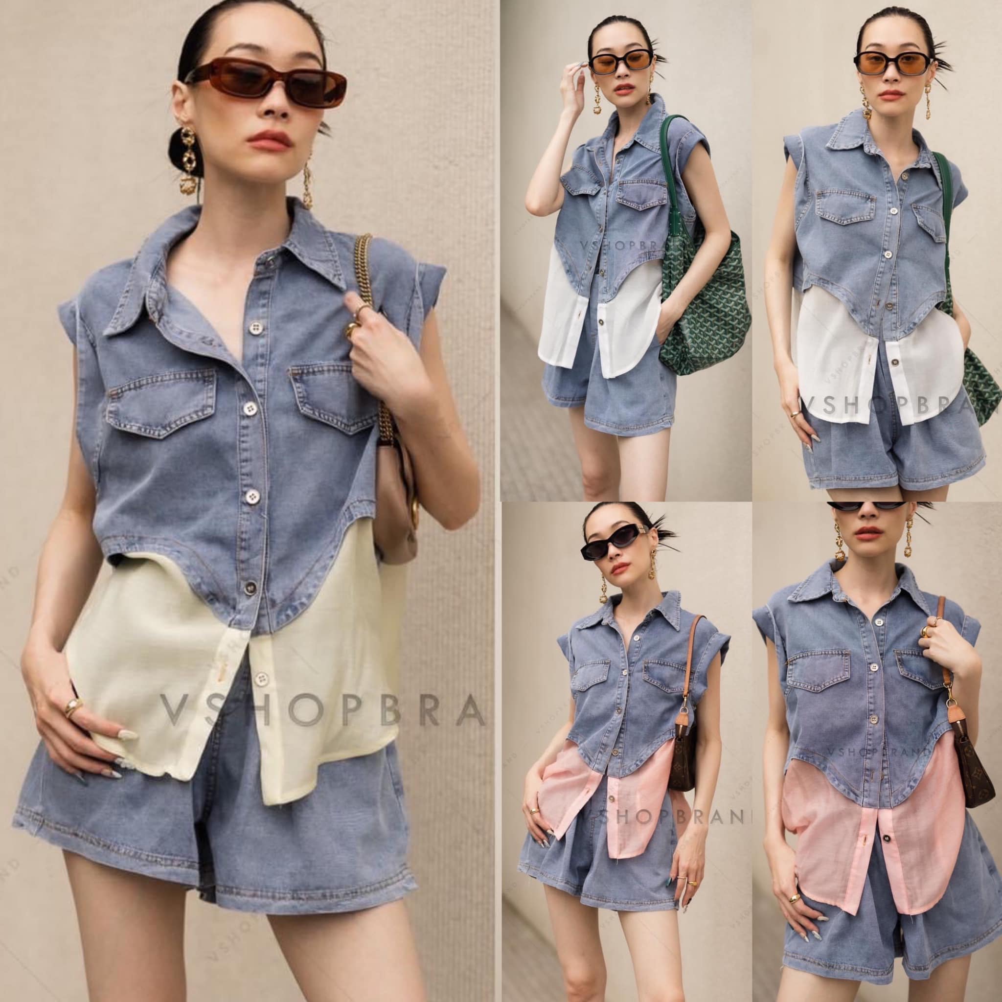 Set เสื้อยีนส์แขนกุด ชายซีทรู + กางเกงยีนส์ขาสั้น สินค้าคุณภาพ (พร้อมส่ง)