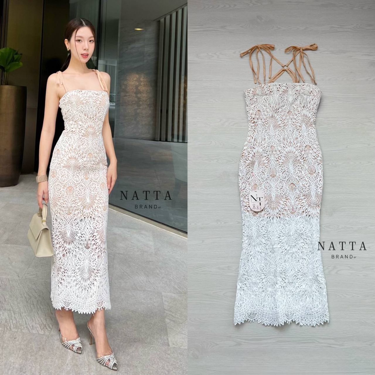 ชุดเดรสลูกไม้สีขาวสายเดี่ยวผูกโบว์ที่ไหล่ ผ้าซับสีเนื้อตัดกับลูกไม้สีขาว เก็บทรงสวยมากค่ะรุ่นนี้ แต่งชายกระโปรง สินค้าคุณภาพ (พร้อมส่ง)