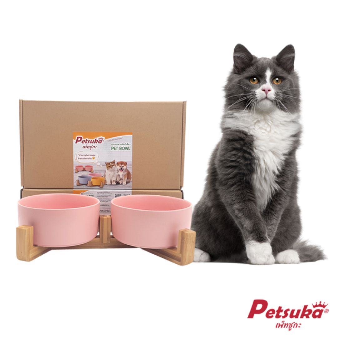 ชามเซรามิคสัตว์เลี้ยง Petsuka พร้อมฐานรองสไตล์ญี่ปุ่น สำหรับสุนัขและแมว สีชมพู แบบคู่ 850 ml