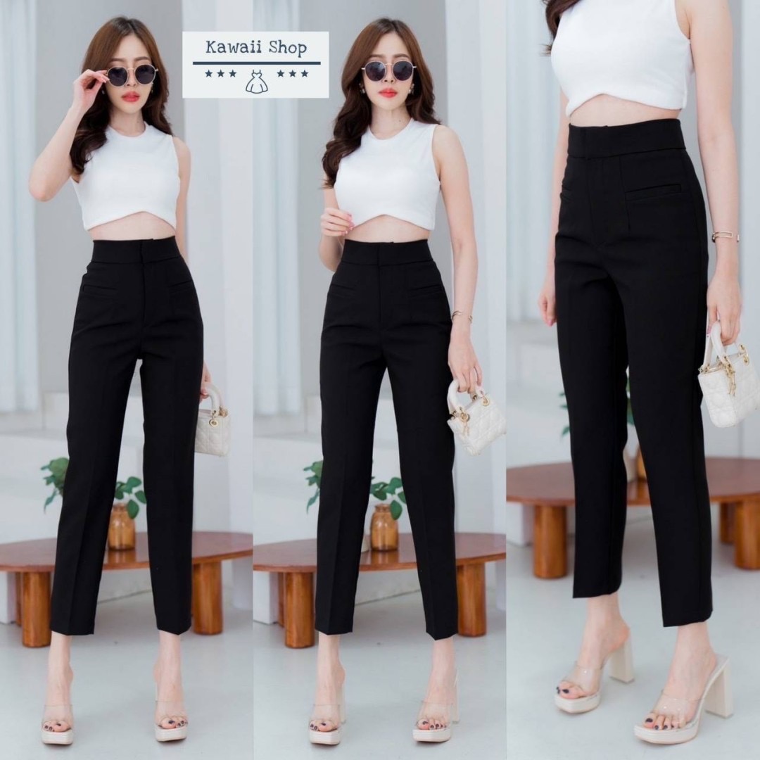 กางเกง9ส่วน ทรงขากระบอกเล็ก ดีเทลกระเป๋าเจาะ ติดตะขอ ซิปหน้า ผ้าไมโคร ใส่สบาย : สินค้าคุณภาพ (พร้อมส่ง)