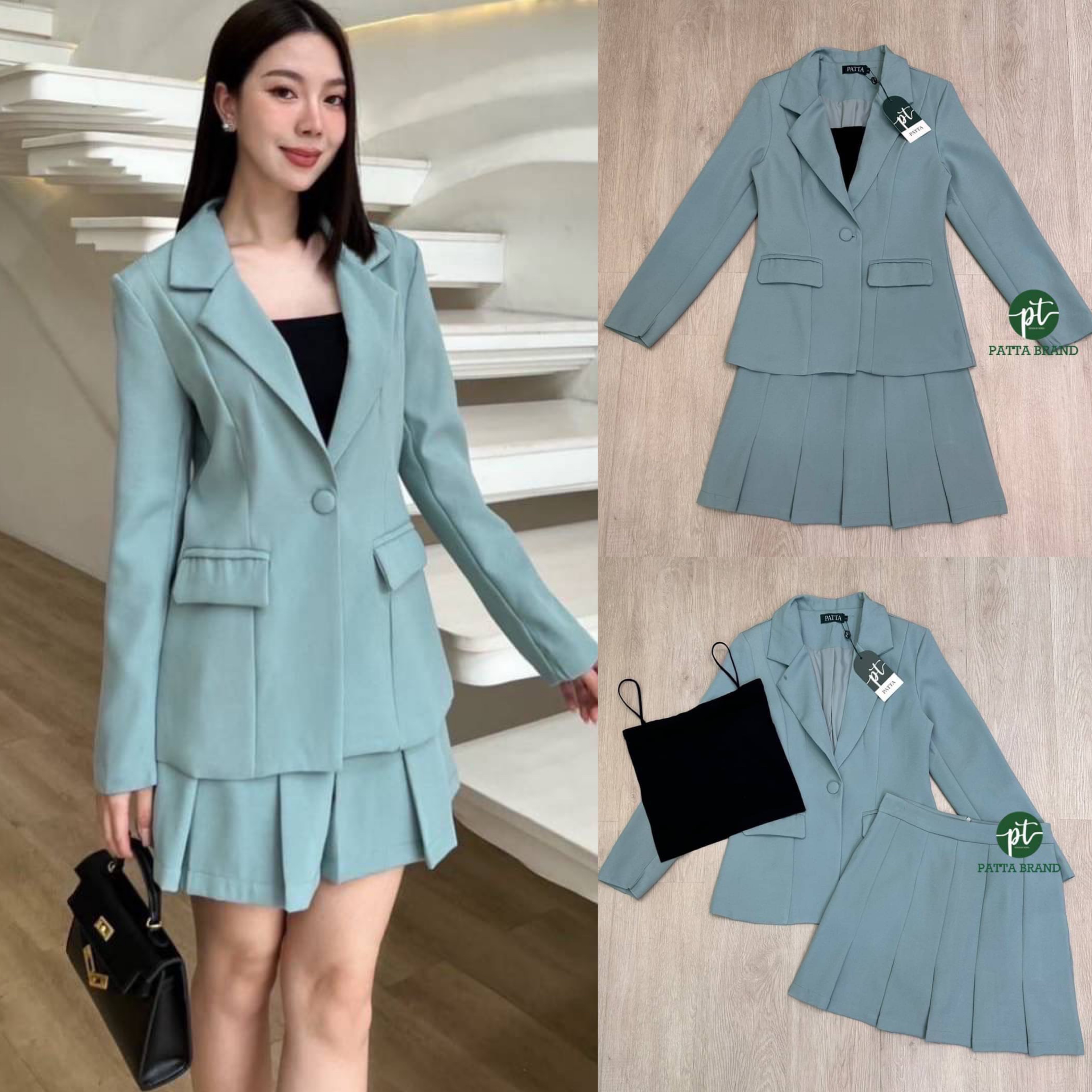 Setสูท 2 ชิ้น เสื้อคลุมสูทแขนยาว +เสื้อสายเดี่ยวสีดำตัวในผ้ายืดอกเย็บเสริมฟองน้ำ มาคู่เซตกับกระโปรงเย็บจีบรอบ งานซิปหลัง(ด้านในซับในเป็นกางเกง) สินค้าคุณภาพ (พร้อมส่ง)