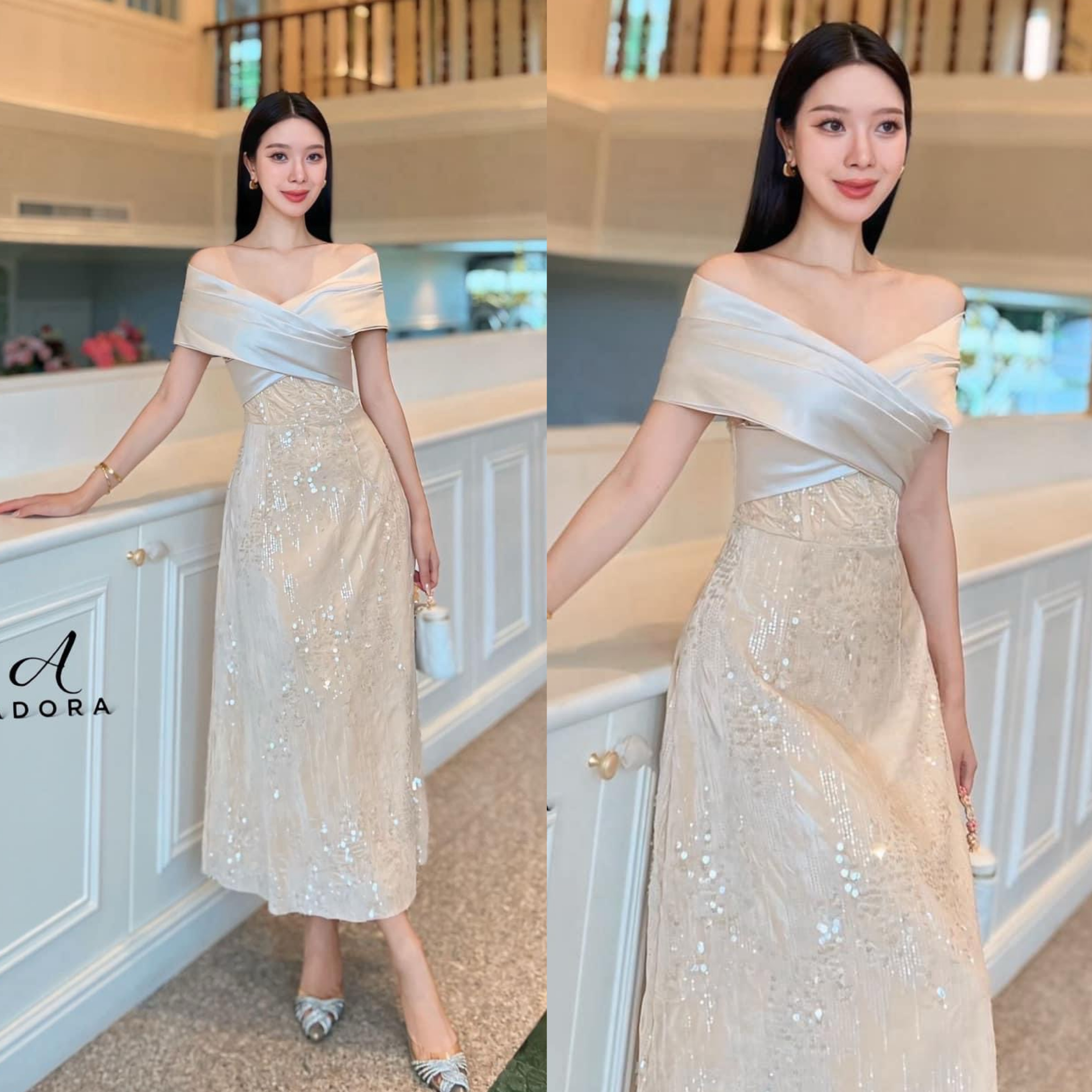 เดรสดีไซน์ปาดไหล่ ช่วงอก ตัดต่อผ้าดีไซน์ไขว้อก เสริมฟองน้ำ ตัวเดรสใช้ เนื้อผ้าตกแต่งกลิตเตอร์ เนื้อผ้ามีเทจเจอร์ในตัว เนื้อผ้าเกรดพรีเมี่ยมทั้งตัว ดีไซน์กระโปรงทรงเอ งานมีซับใน ซิปหลัง ใส่สบาย : สินค้าคุณภาพ (พร้อมส่ง)