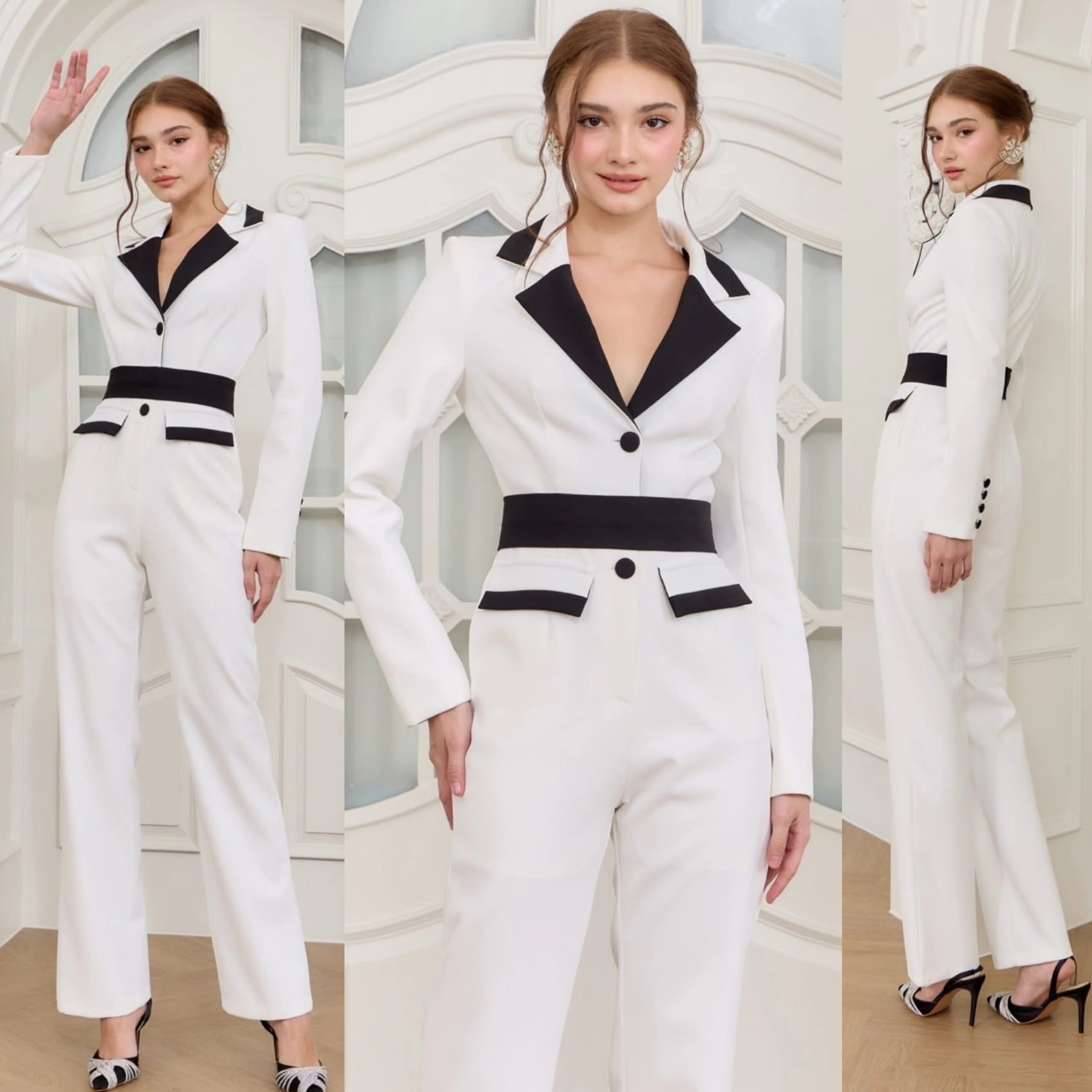 จั้มสูททูโทน+เข็มขัดผ้า เนื้อผ้าเกรดเอ เนื้อผ้าเป็นทรงสวย เท่ห์หรูดูโดดเด่นสุดๆ ใส่สบาย : สินค้าคุณภาพ (พร้อมส่ง)