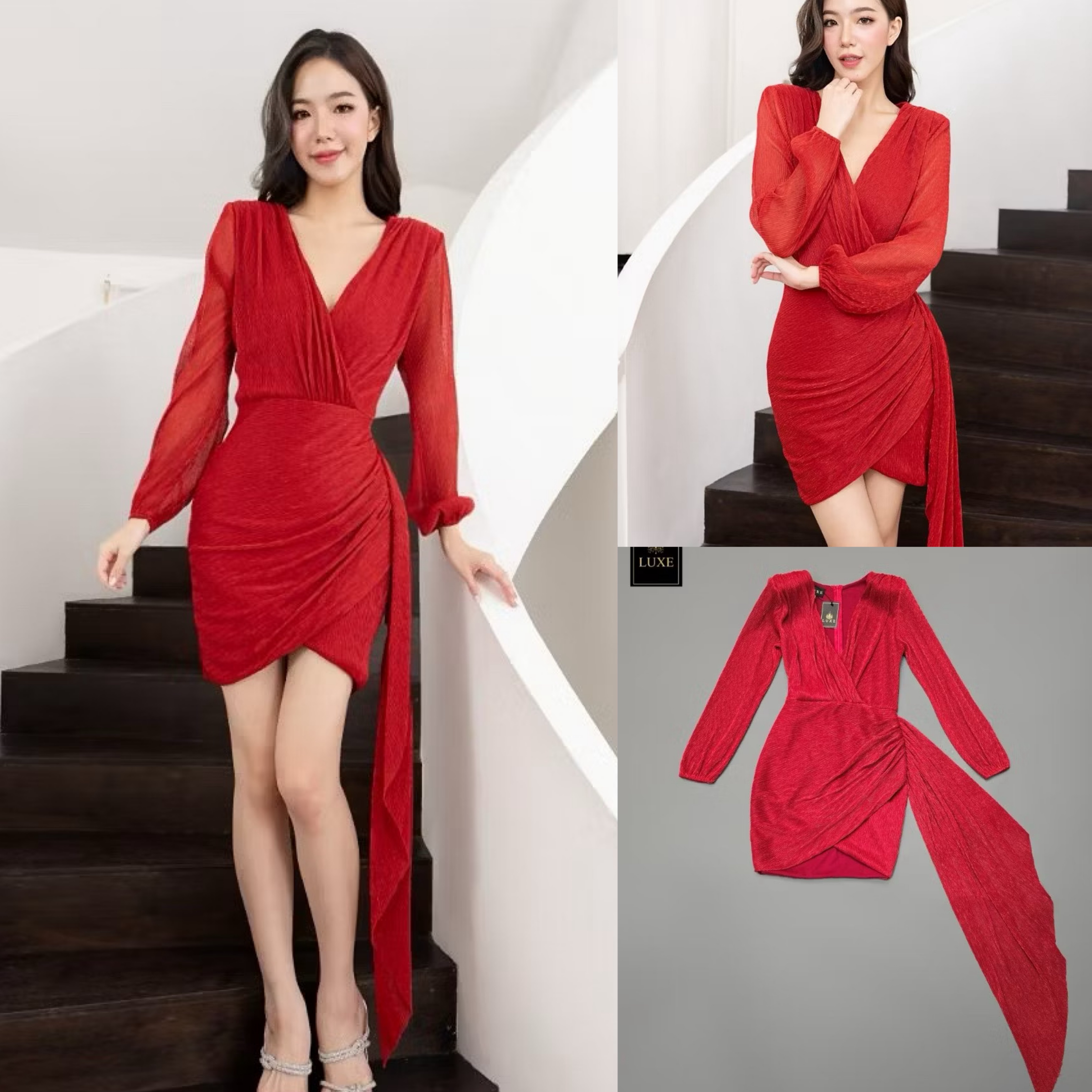 เดรสเสื้อแขนยาวเสริมไหล่ คอป้ายจับเดรป กระโปรงป้ายทรงสอบจับเดรป ดีเทลมีระบาย ด้านข้าง ใส่สบาย : สินค้าคุณภาพ (พร้อมส่ง)