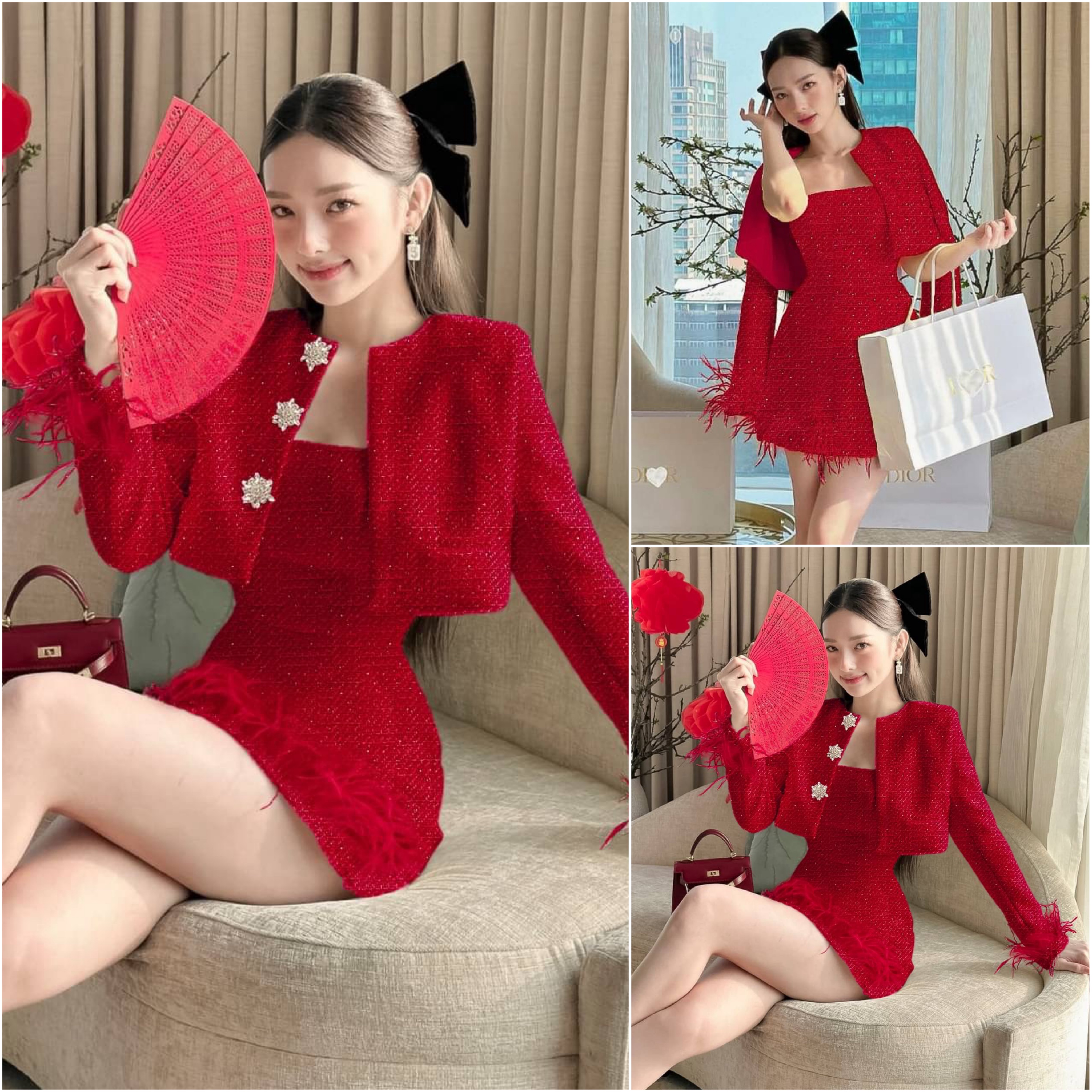 เซทเสื้อคลุมแขนยาวผ้าทวิตสีแดง แต่งกระดุมเพชรดอกไม้ ปลายแขนแต่งขนนก + มินิเดรสเกาะอก แต่งปลายเดรสด้วยขนนก ใส่สบาย : สินค้าคุณภาพ (พร้อมส่ง)