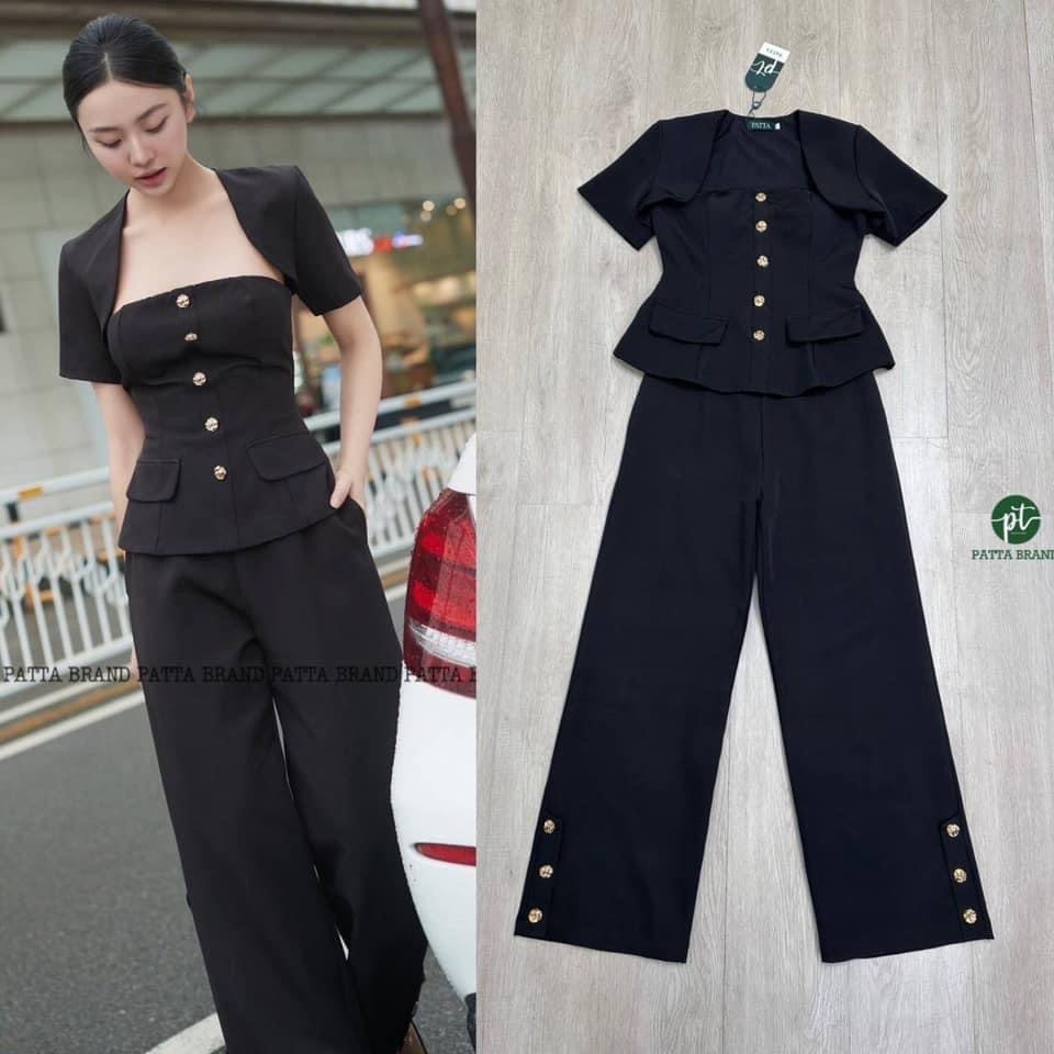 Set 3ชิ้น สีดำ เสื้อเกาะอกตัวในทรงสวย ดีเทลตีเกร็บเย็บติดกระดุมทองเรียงยาว +เสื้อคลุมไหล่แขนสั้น+กางเกงขายาวทรงกระบอก ใส่สบาย : สินค้าคุณภาพ (พร้อมส่ง)