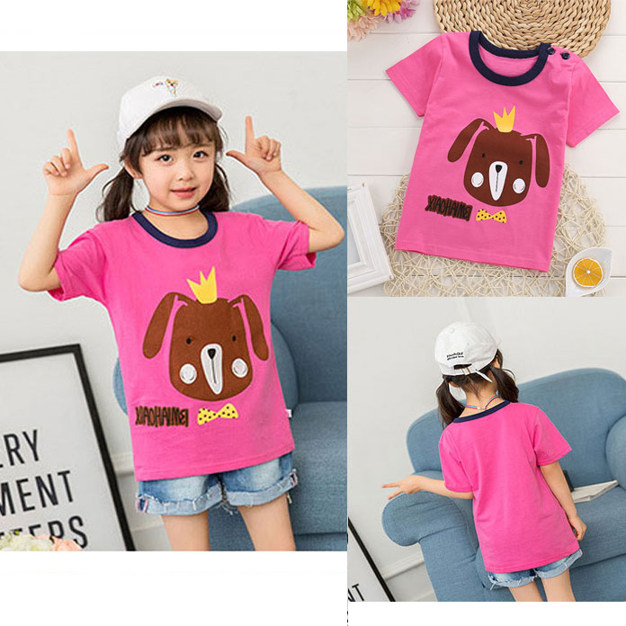 เสื้อยืดเด็กเล็ก สีชมพูลายสุนัข มีกระดุมข้างคอ Size 0-1y/1-2y/2-3y