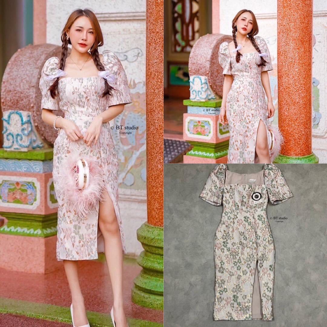 เดรสแต่งคอสี่เหลี่ยม ช่วงแขนแต่งพอง ๆ ผ่าหน้า งานผ้าทอ สวย หรู ดูดี พร้อมเสริฟ สินค้าคุณภาพ (พร้อมส่ง)