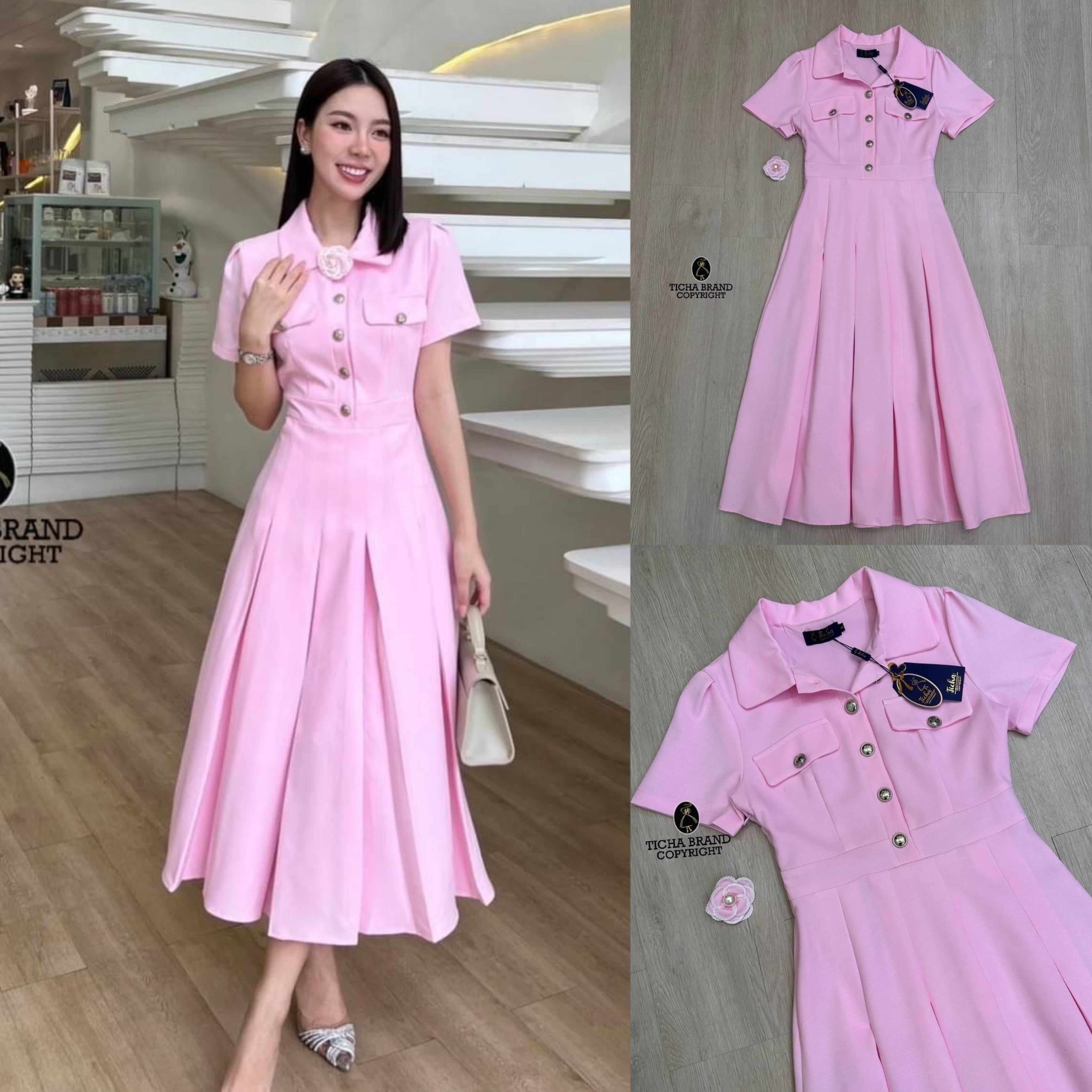 เดรสคอปกแขนสั้น ช่วงกระโปรงดีไซน์เย็บจับจีบรอบ มาคู่เข็มกลัดดอกไม้ติดที่คอน่ารักมากๆ สินค้าคุณภาพ (พร้อมส่ง)