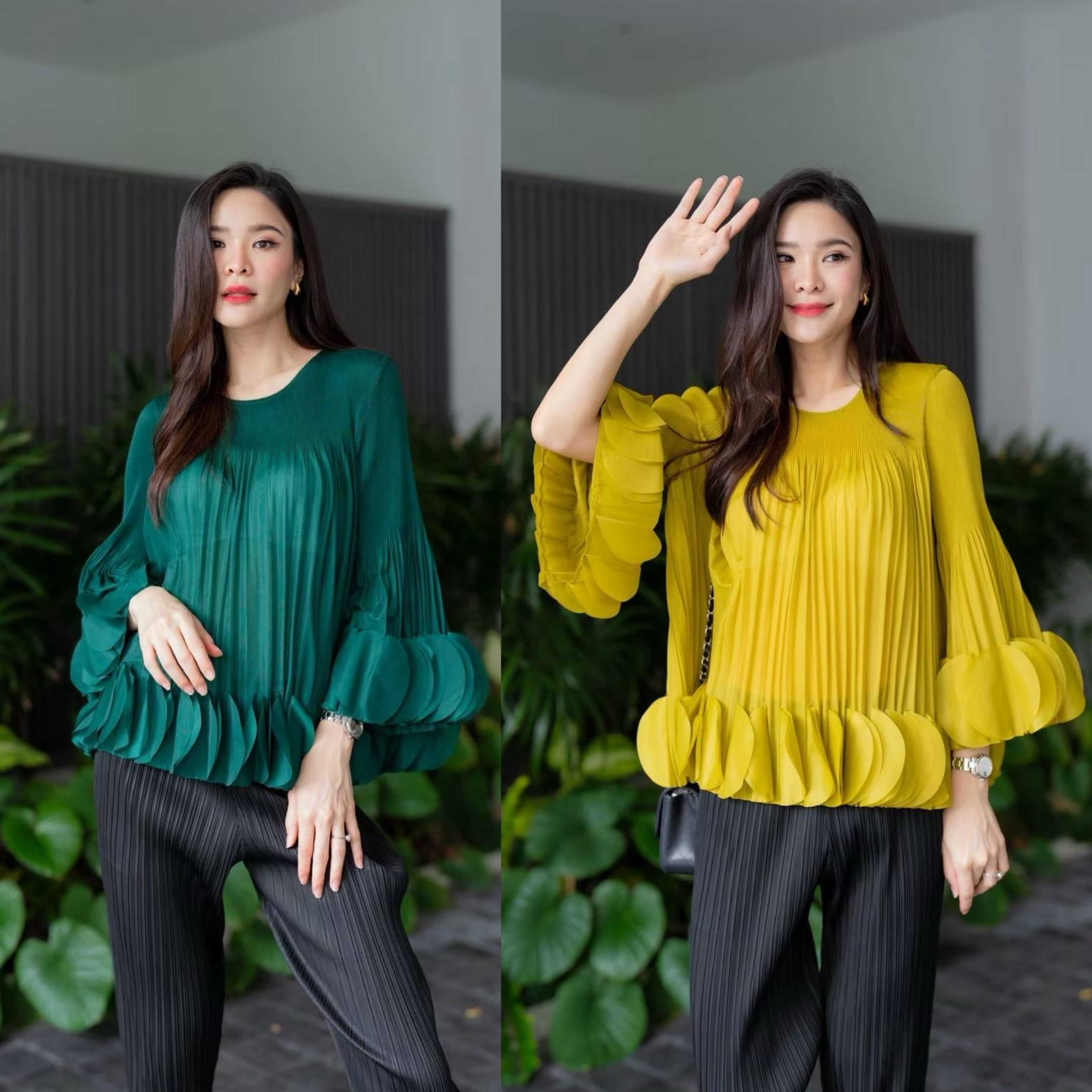 เสื้อคอกลม แขนยาว แบบมีการแต่งระบาย ด้วยการตัด เลเซอร์คัตวงกลมมาซ้อนเรียง ด้วยความประณีต ทำให้ขึ้นพุ่มทรงอย่าง สวยงาม ใส่สบาย : สินค้าคุณภาพ (พร้อมส่ง)