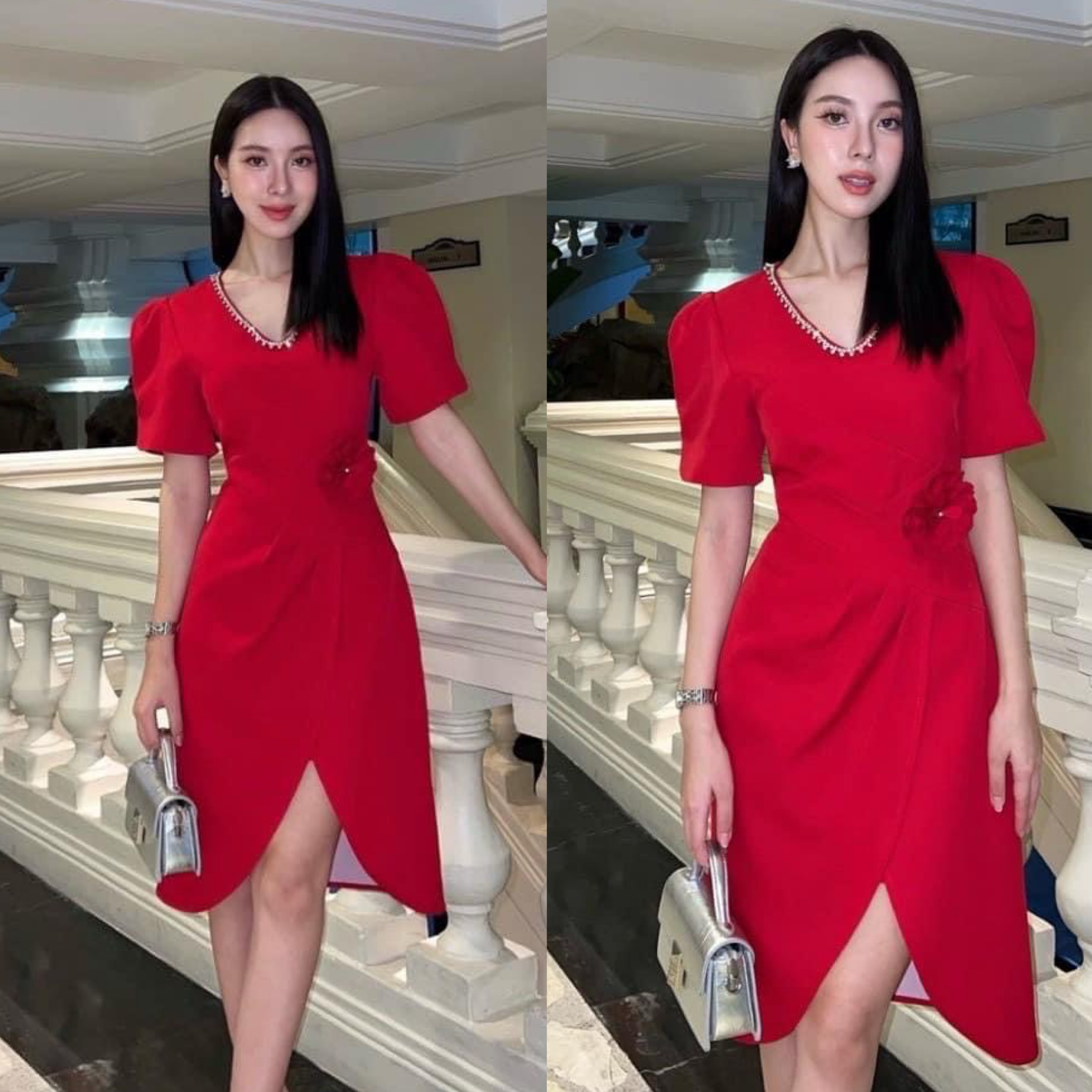 เดรสแขนสั้นสีแดง ดีไซน์เย็บ ยกไหล่ดีไซน์สวย ช่วงคอเย็บติดอะไหล่เพชร ดูหรูมากๆดีเทลเข็มกลัดดอกไม้มุก ใส่สบาย : สินค้าคุณภาพ (พร้อมส่ง)