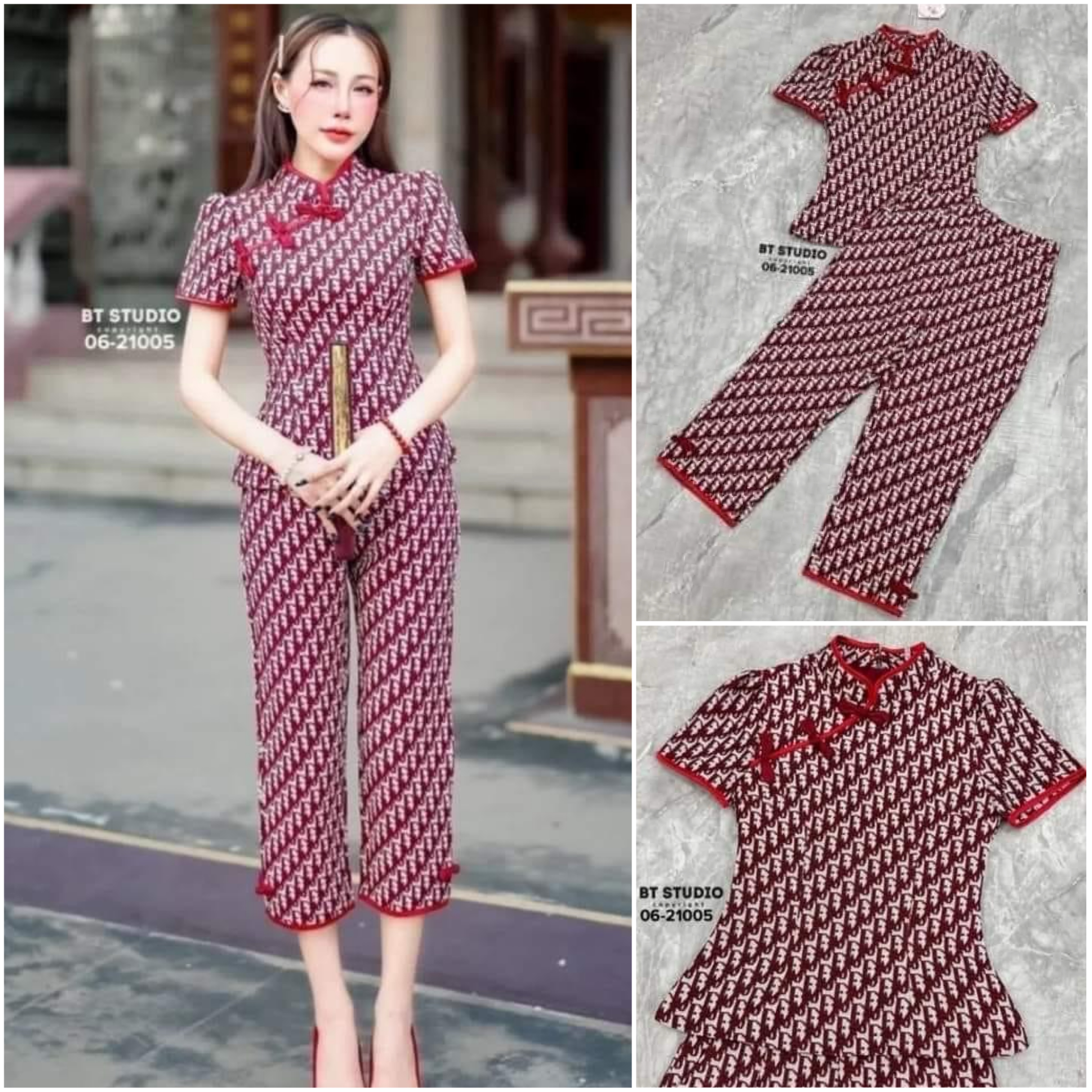 เซท 2 ชิ้น เสื้อทรงจีนคอสไตล์จีน แต่งกุ้นเฉียงแต่งกระดุมจีน+กางเกง 7ส่วนปลายชายแต่งแทบติดกระดุมจีน สินค้าคุณภาพ (พร้อมส่ง)