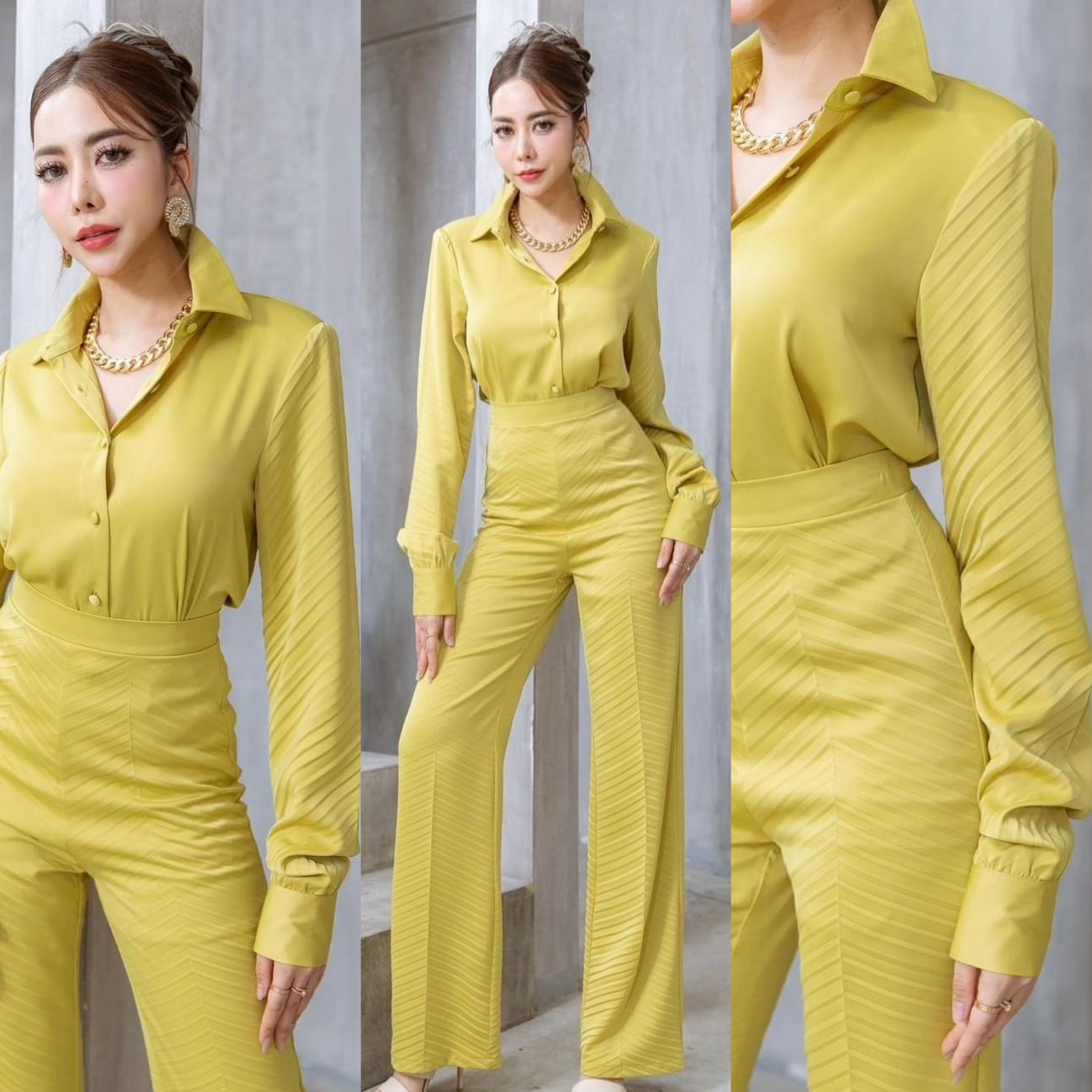 เซตเสื้อเชิ้ตผ้าเครปอัดพลีท+กางเกงทรงสวย เนื้อผ้าเครปกึ่งเงาเกรดเอ ใส่สบาย สินค้าคุณภาพ (พร้อมส่ง)