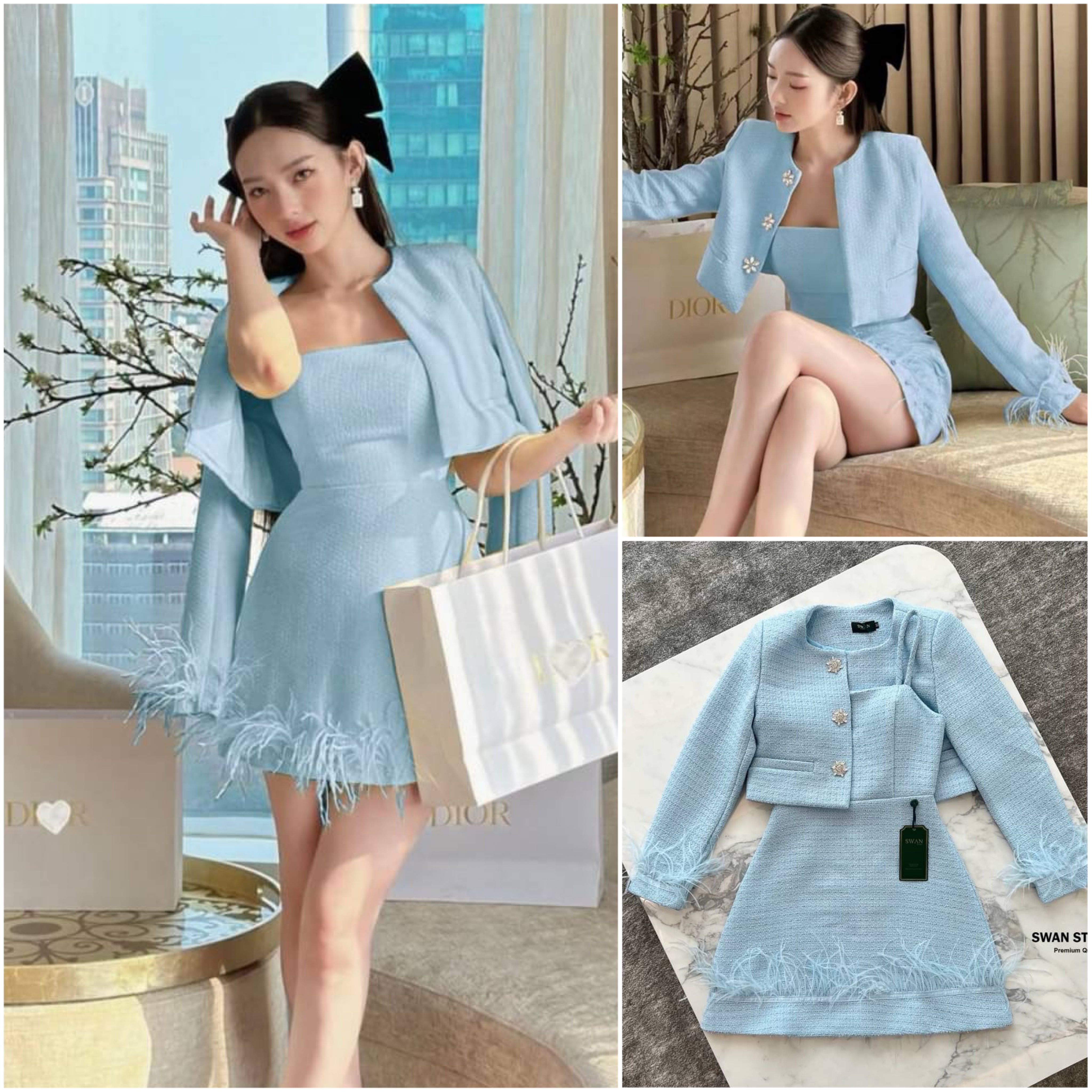 เซทเสื้อคลุมแขนยาวผ้าทวิตสีฟ้า แต่ง กระดุมเพชรดอกไม้ ปลายแขนแต่งขนนก + มินิ เดรสเกาะอก แต่งปลายเดรสด้วยขนนก ใส่สบาย : สินค้าคุณภาพ (พร้อมส่ง)