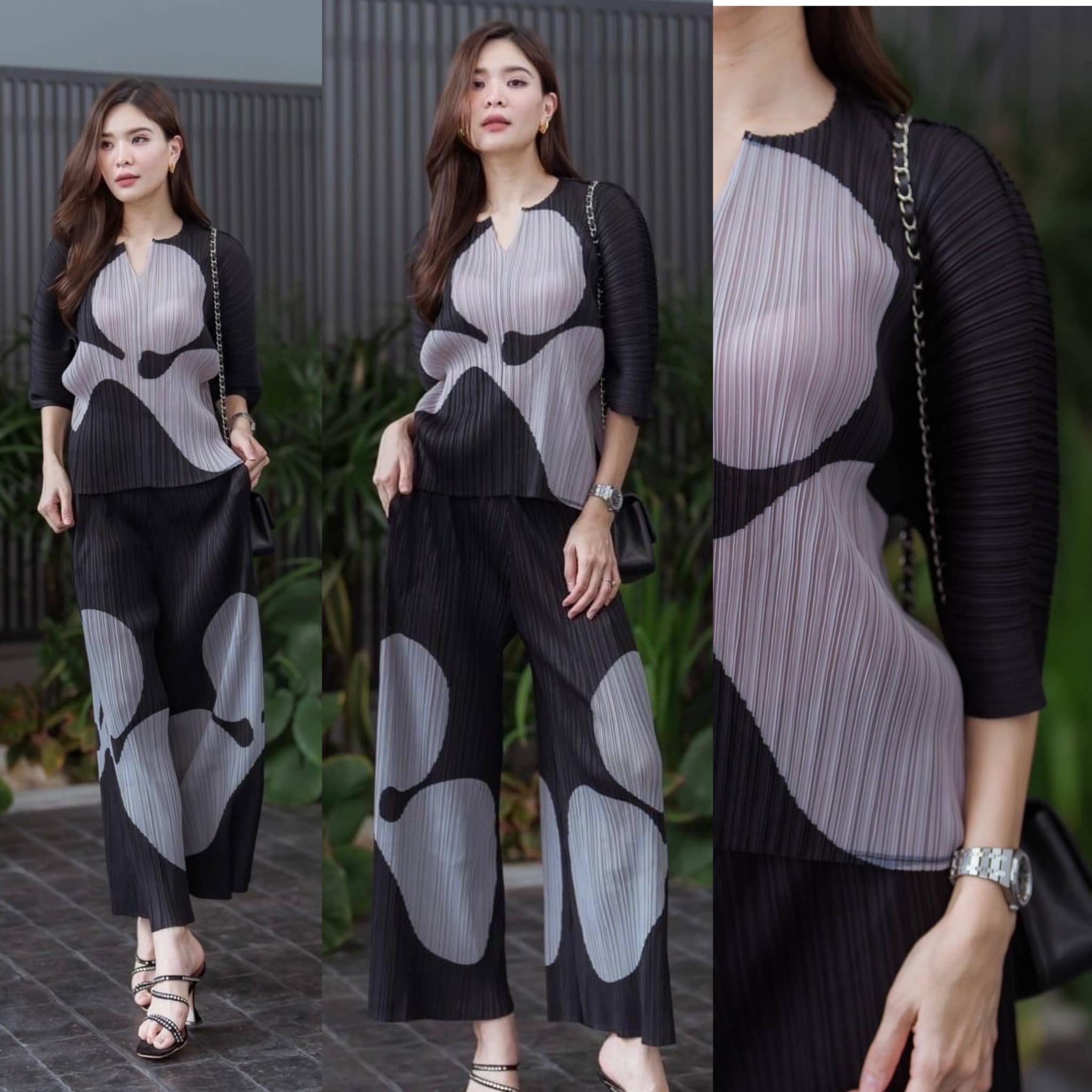 ชุดเซตผ้าอัดพลีทลอน เสื้อ+กางเกงขายาว เนื้อสวย ไฮโซววแบบงาน Brand ใส่สบาย สินค้าคุณภาพ (พร้อมส่ง)