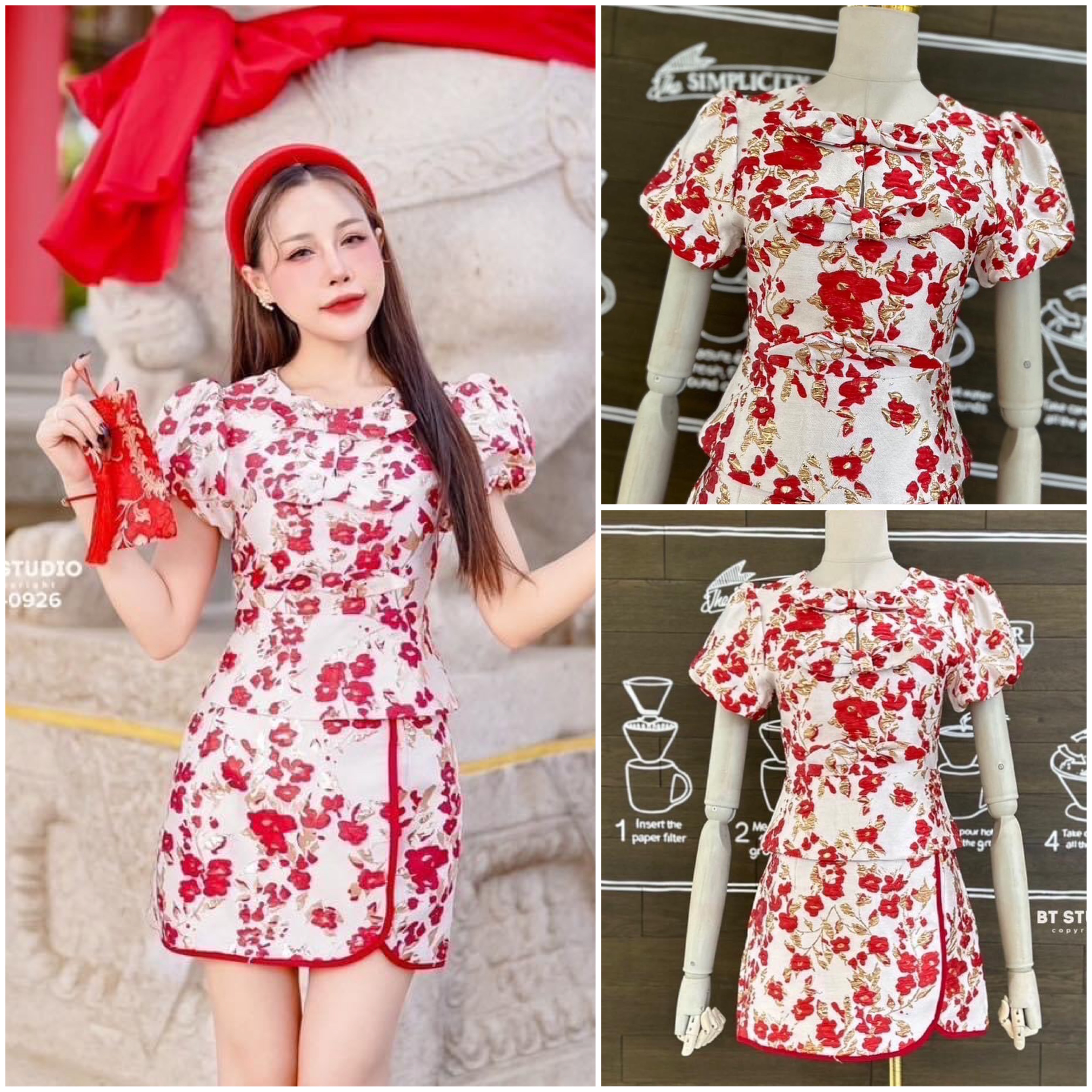 กี่เพ้าเซท 2 ชิ้น เสื้อแขนสั้นแต่งคอกลม แต่งโบเรียงกัน 3 ชั้น มาพร้อมกระโปรงสั้น แต่งขอบกุ้นสีแดง ใส่สบาย สินค้าคุณภาพ (พร้อมส่ง)