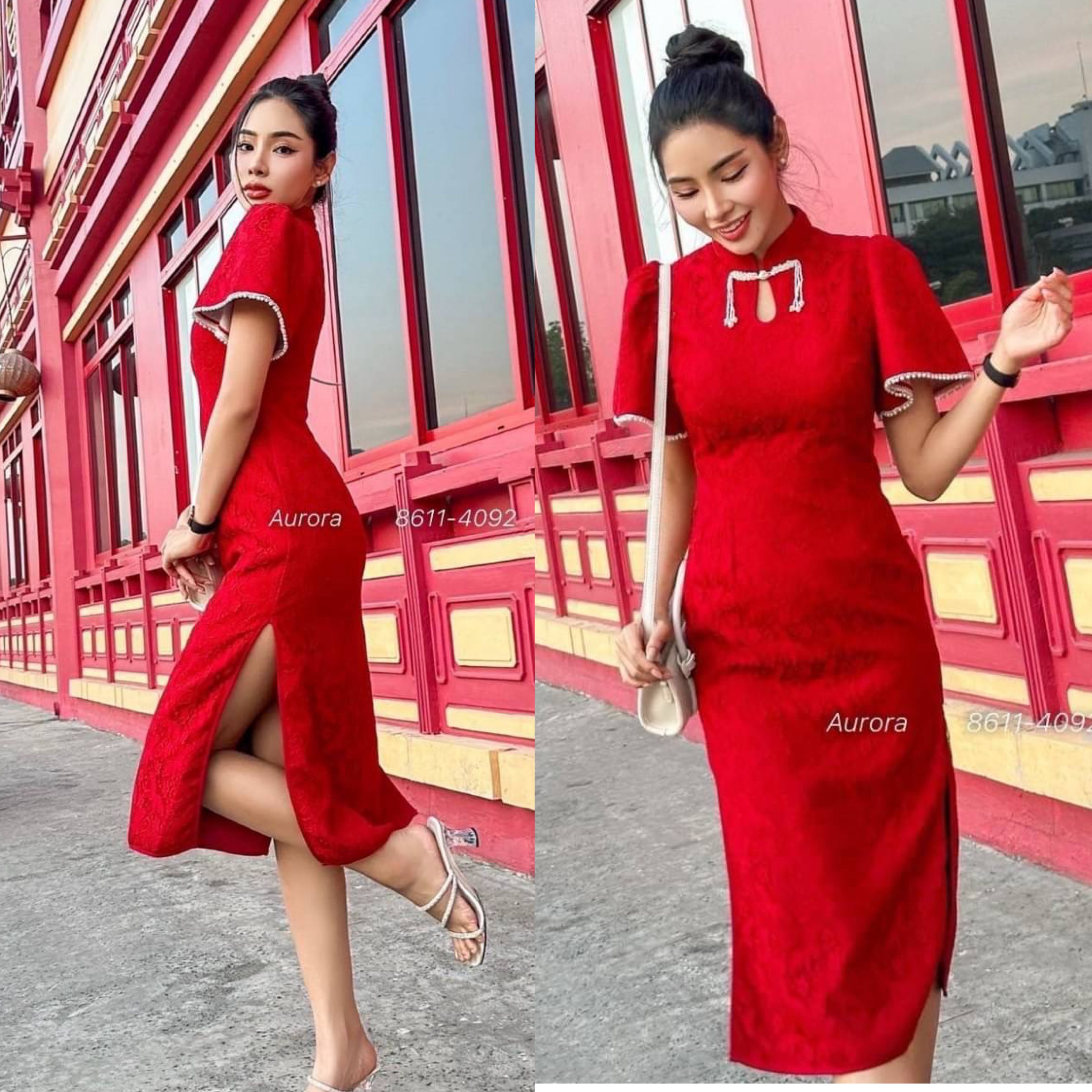 เดรสคอจีนเนื้อผ้าลูกไม้สวยหรูหรา งานมีเทคเจอร์ในตัว งานมีดีเทลอะไหล่สวยกระจุกกระจิก สวยได้ลุ๊คแพง อกเสริมฟองน้ำเพื่อทรงสวย มีซับใน มีซิปหลัง ใส่สบาย : สินค้าคุณภาพ (พร้อมส่ง)