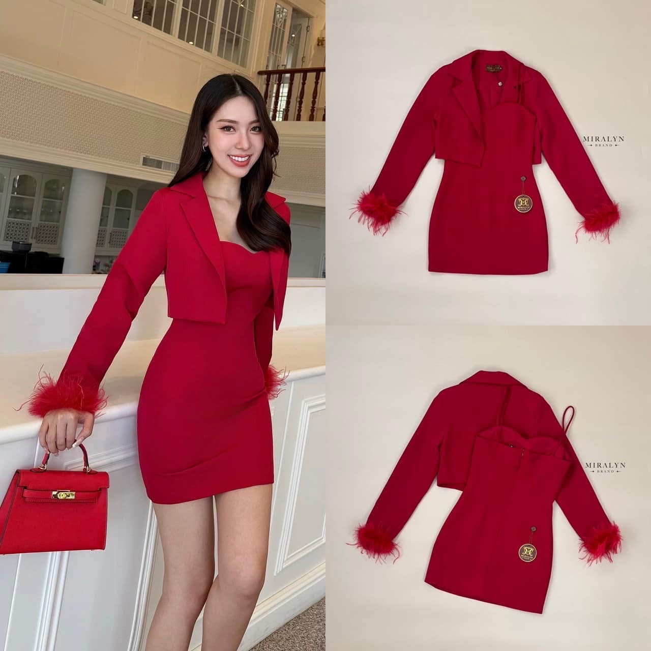 เซต 2 ชิ้น เซตสูทแขนยาวปลายแขนแต่ง ขนนกสีแดงทั้งเสื้อสูทสทรงสั้นมาพร้อมเดรสสายเดี่ยว สีแดงแซนดี้มากๆ เดรสเข้ารูปงานมีซับ ใส่สบาย : สินค้าคุณภาพ (พร้อมส่ง)