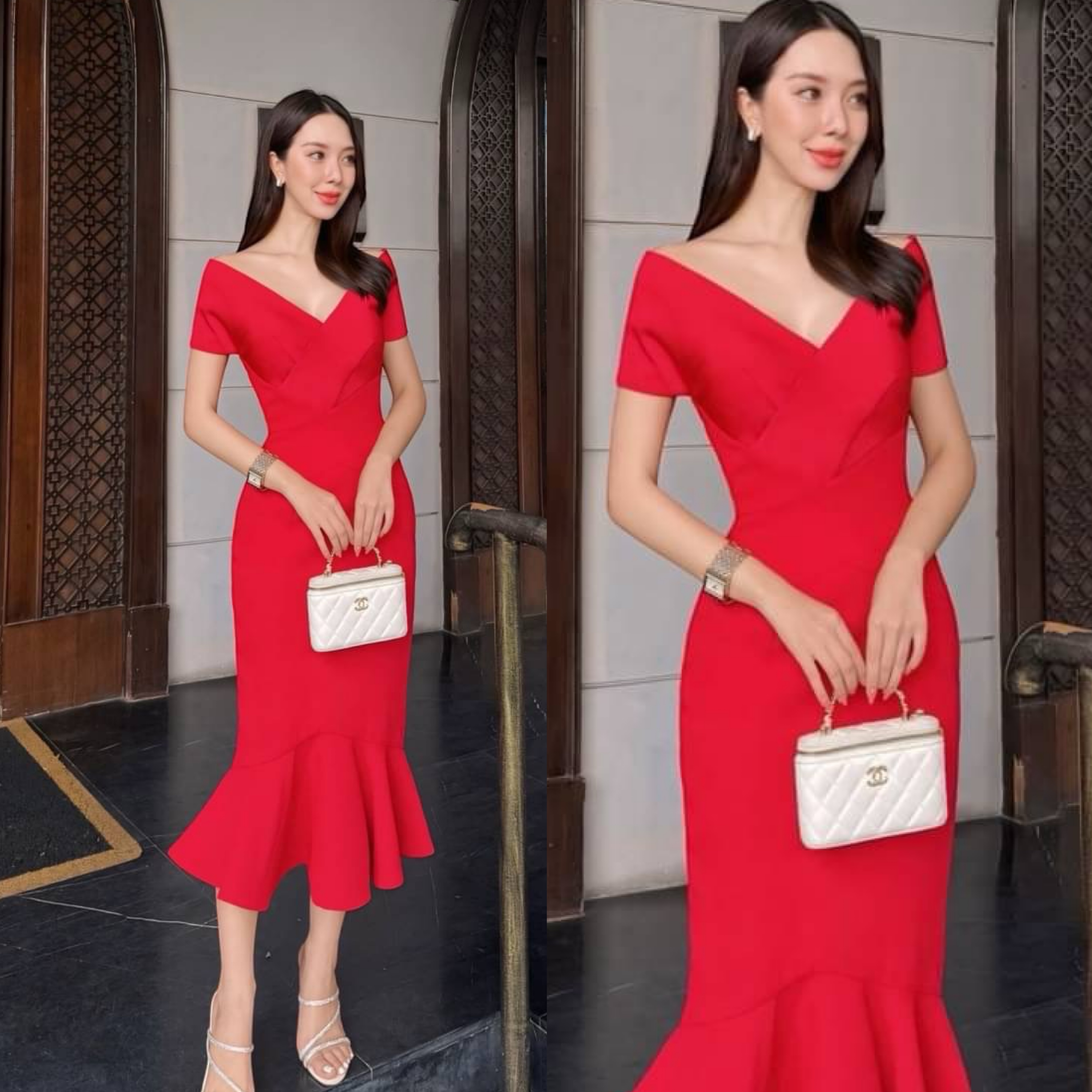 เดรสดีไซน์ปาดไหล่คอวี ช่วงอกตัดต่อผ้า เสริมฟองน้ำ ตัวเดรสใช้เนื้อผ้าเกรดพรีเมี่ยมทั้งตัว ดีไซน์กระโปรงทรงสอบแต่งระบายหางปลาปลายเดรส งานมีซับใน ซิปหลัง ใส่สบาย : สินค้าคุณภาพ (พร้อมส่ง)