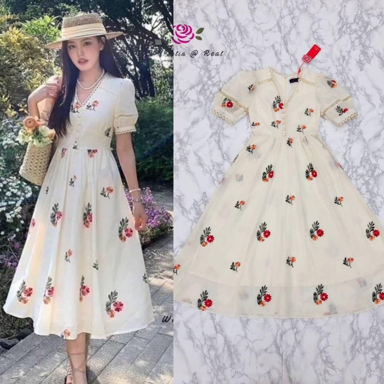 Maxi dress แม็กซี่เดรสตัวยาว แสนสวย เนื้อผ้าอย่างดีปักลายดอกไม้สีสวย สินค้าคุณภาพ (พร้อมส่ง)