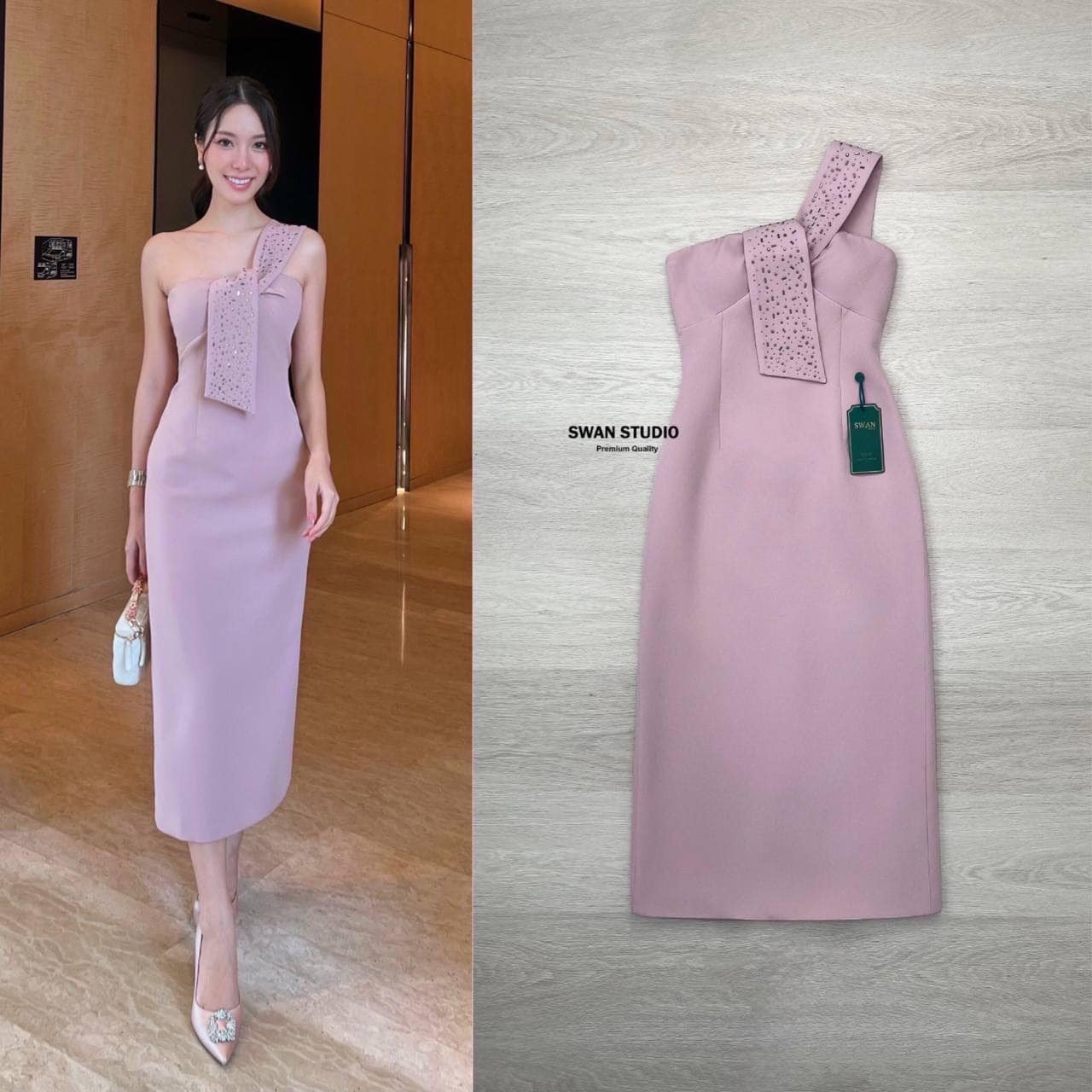 เดรสชมพูยาว สายปาดข้างเดียว ตรงอกทีรูสำหรับร้อยสาย ตรงสายแต่งประดับด้วยเพชร ด้านหลังผ่าให้เดินง่าย ใส่สบาย : สินค้าคุณภาพ (พร้อมส่ง)