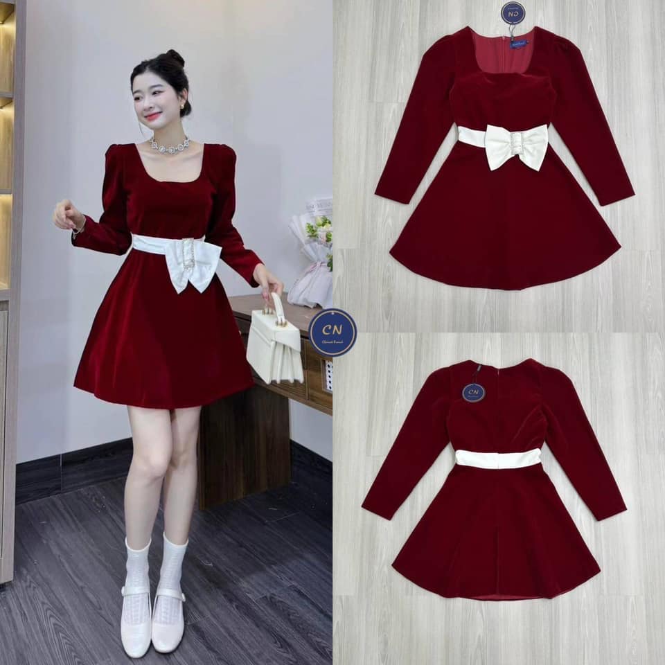 มินิเดรสสีแดงผ้ากำมะหยี่นุ่มใส่สบาย ดีไซน์แขนยาวคอเหลี่ยมทรงพอดีตัว ช่วงเอวเย็บต่อสีขาวคาดเอวและเย็บติดโบว์ขาวใหญ่ ช่วงกระโปรงทรงพลิ้ว ใส่สบาย : สินค้าคุณภาพ (พร้อมส่ง)