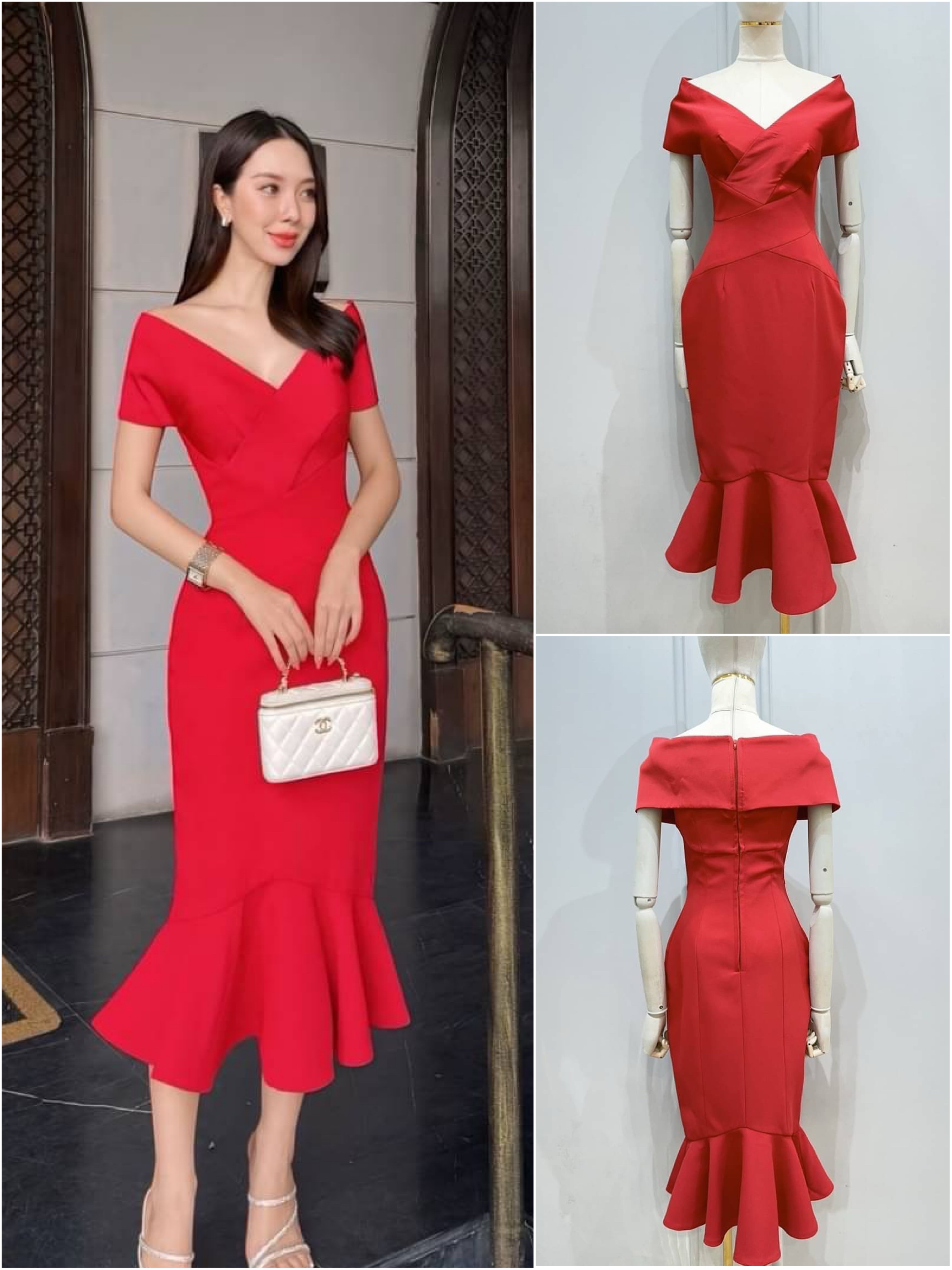 เดรสดีไซน์ปาดไหล่คอวี ช่วงอกตัดต่อผ้า เสริมฟองน้ำ ตัวเดรสใช้เนื้อผ้าเกรดพรีเมี่ยมทั้งตัว ดีไซน์กระโปรงทรงสอบแต่งระบายหางปลาปลายเดรส งานมีซับใน ซิปหลัง ใส่สบาย : สินค้าคุณภาพ (พร้อมส่ง)