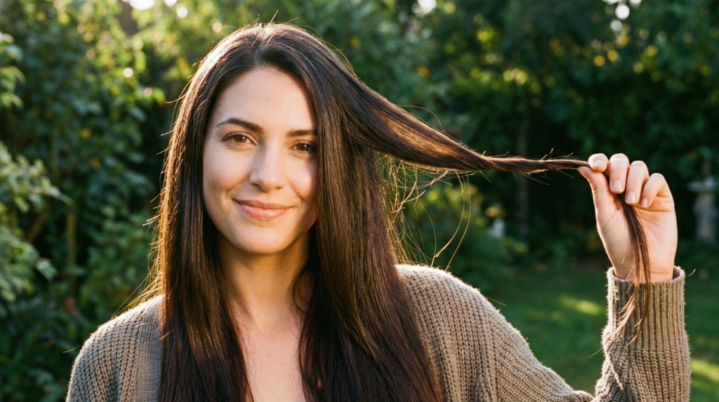 หญิงสาวผมยาวสวยสุขภาพดี ยิ้มอย่างมั่นใจ ดึงเส้นผมโชว์ความยืดหยุ่นแข็งแรง