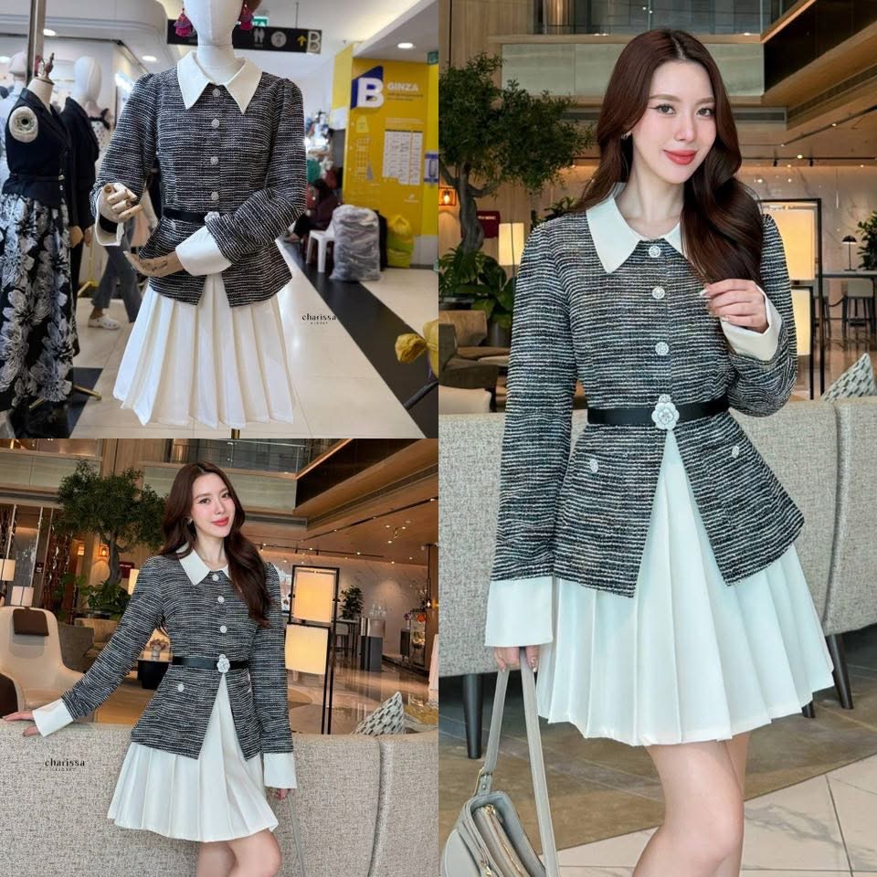 เซ็ท 3 ชิ้น : เสื้อทวิต +กระโปรงพลีท+เข็มขัดดำดอกไม้ ใส่สบาย : สินค้าคุณภาพ (พร้อมส่ง)