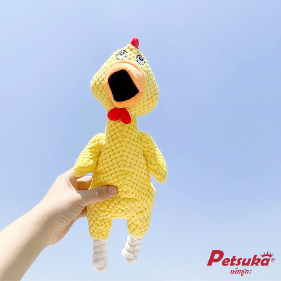 ตุ๊กตาไก่โอ๊ก Petsuka ของเล่นขัดฟันสัตว์เลี้ยง มีเสียงร้อง สีเหลือง