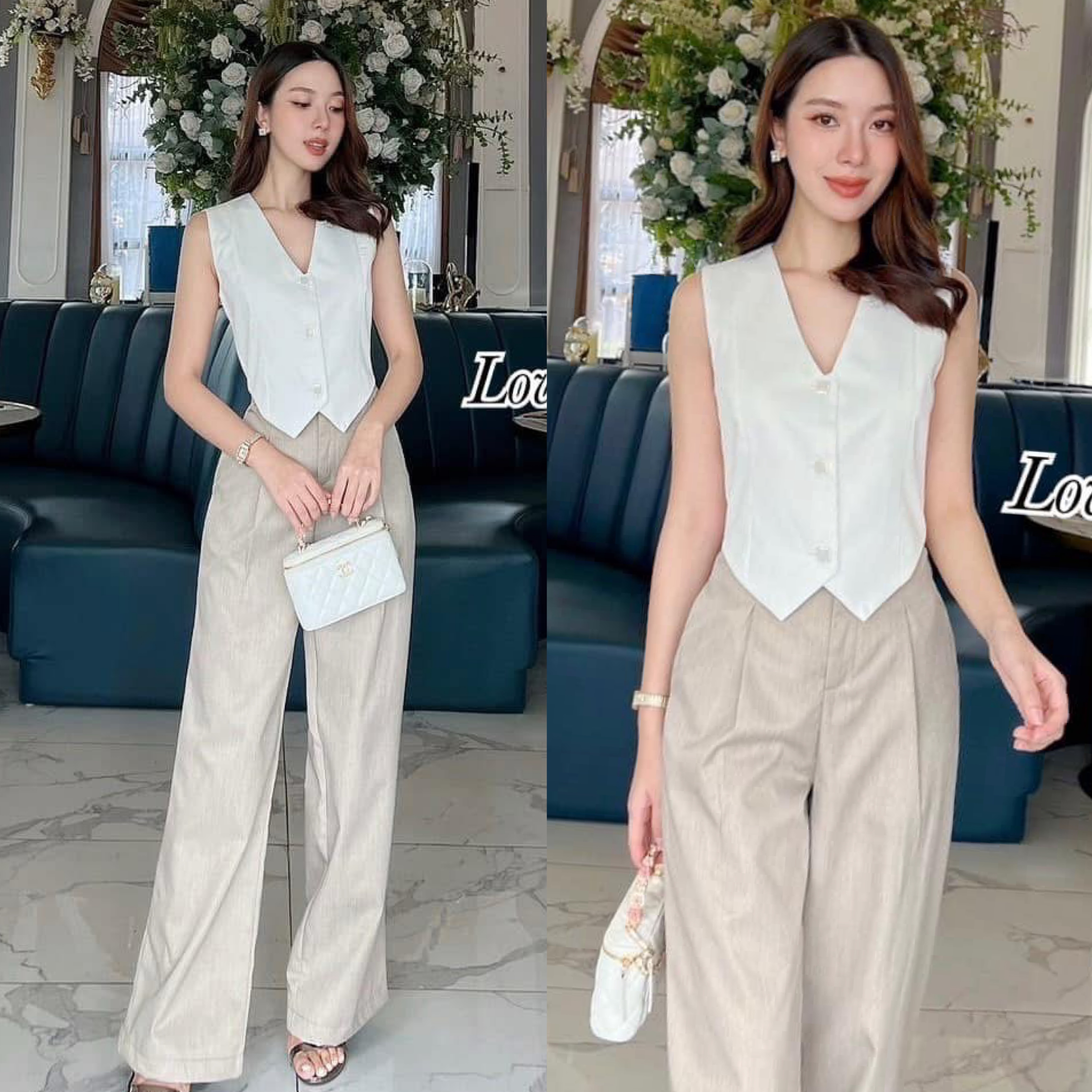 Set.2ชิ้น ลุคเรียบหรูดูผู้ดี เสื้อกั๊กทรงเข้ารูปมีซับใน แต่งกระดุมเพชร มาพร้อมกางเกงเอวสูงผ้าหนาอัดกาวมีซับใน ใส่สบาย : สินค้าคุณภาพ (พร้อมส่ง)