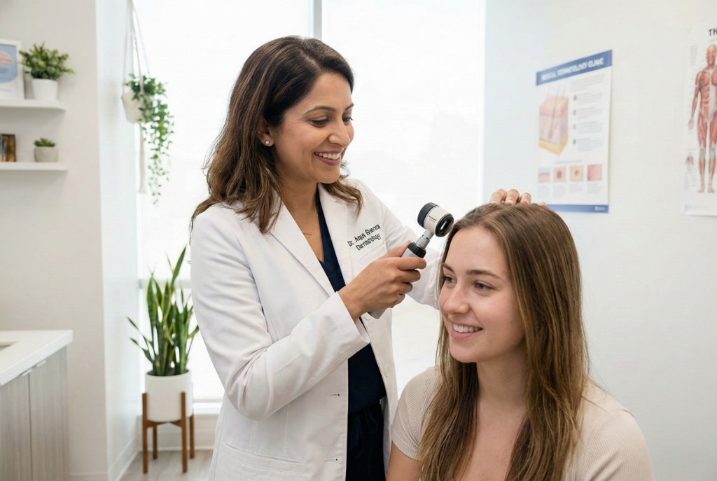 แพทย์ผิวหนังสวมชุดกาวน์กำลังให้คำปรึกษาปัญหาหนังศีรษะกับคนไข้ในคลินิก