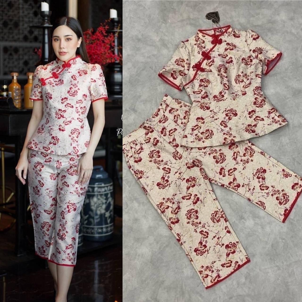 เซ็ตเสื้อคอจีนงานผ้าทอสีชมพู ทรงผ่าหน้า มาคู่กับกางเกงขายาว5ส่วน ใส่สบาย สินค้าคุณภาพ (พร้อมส่ง)