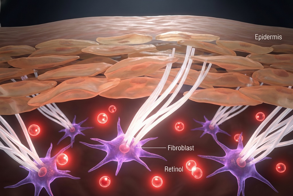 ภาพจำลองกลไกการทำงานของ Retinol ใต้ชั้นผิว กระตุ้นการสร้างคอลลาเจนใหม่