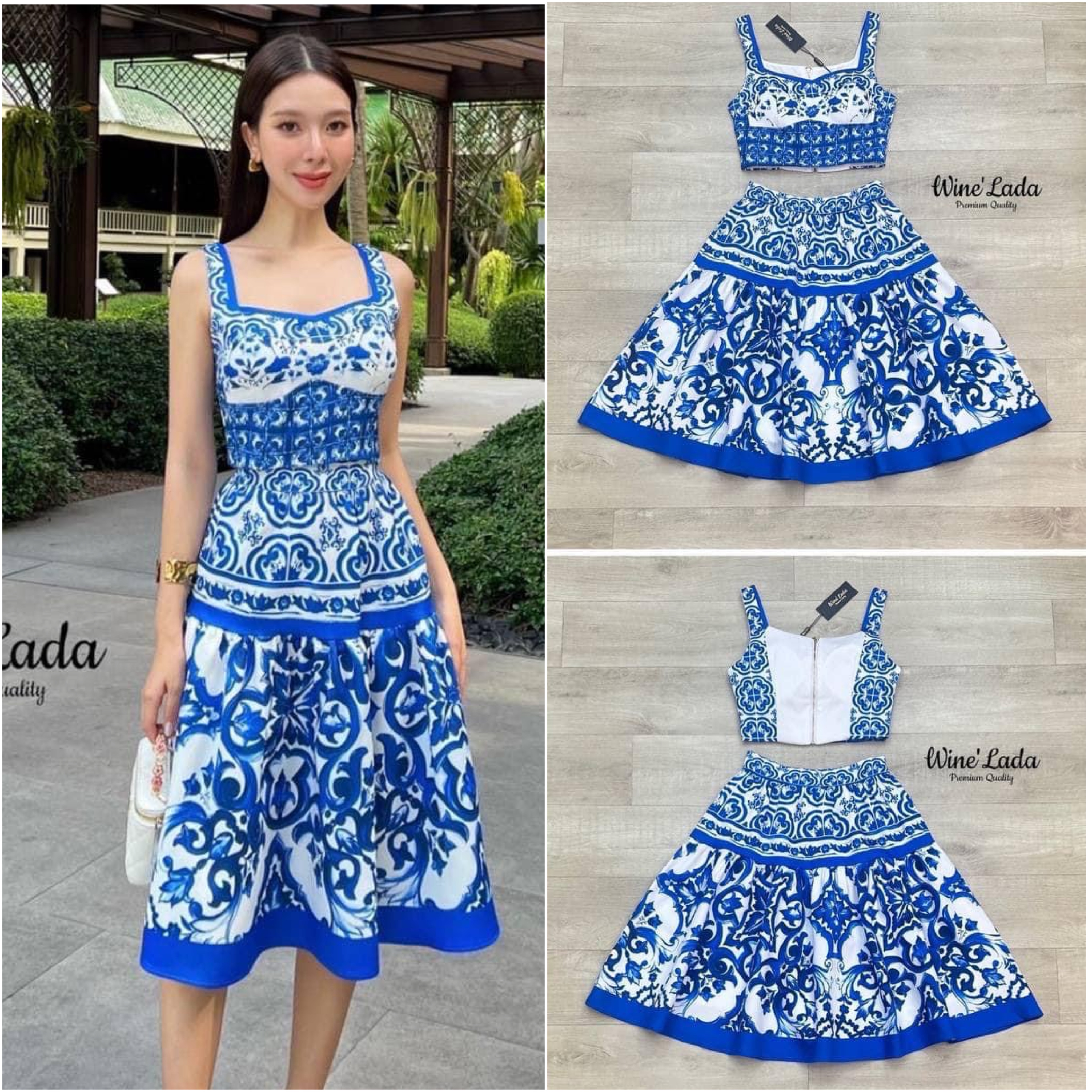 Set 2 Pcs.เซ็ทเสื้อครอปแขนพิมพ์ลาย อกมีฟองน้ำ ทรงสวย ด้านหลังเป็นซิปทอง มาพร้อมกับกระโปรงพิมพ์ลายเข้าเซ็ท ใส่สบาย : สินค้าคุณภาพ (พร้อมส่ง)