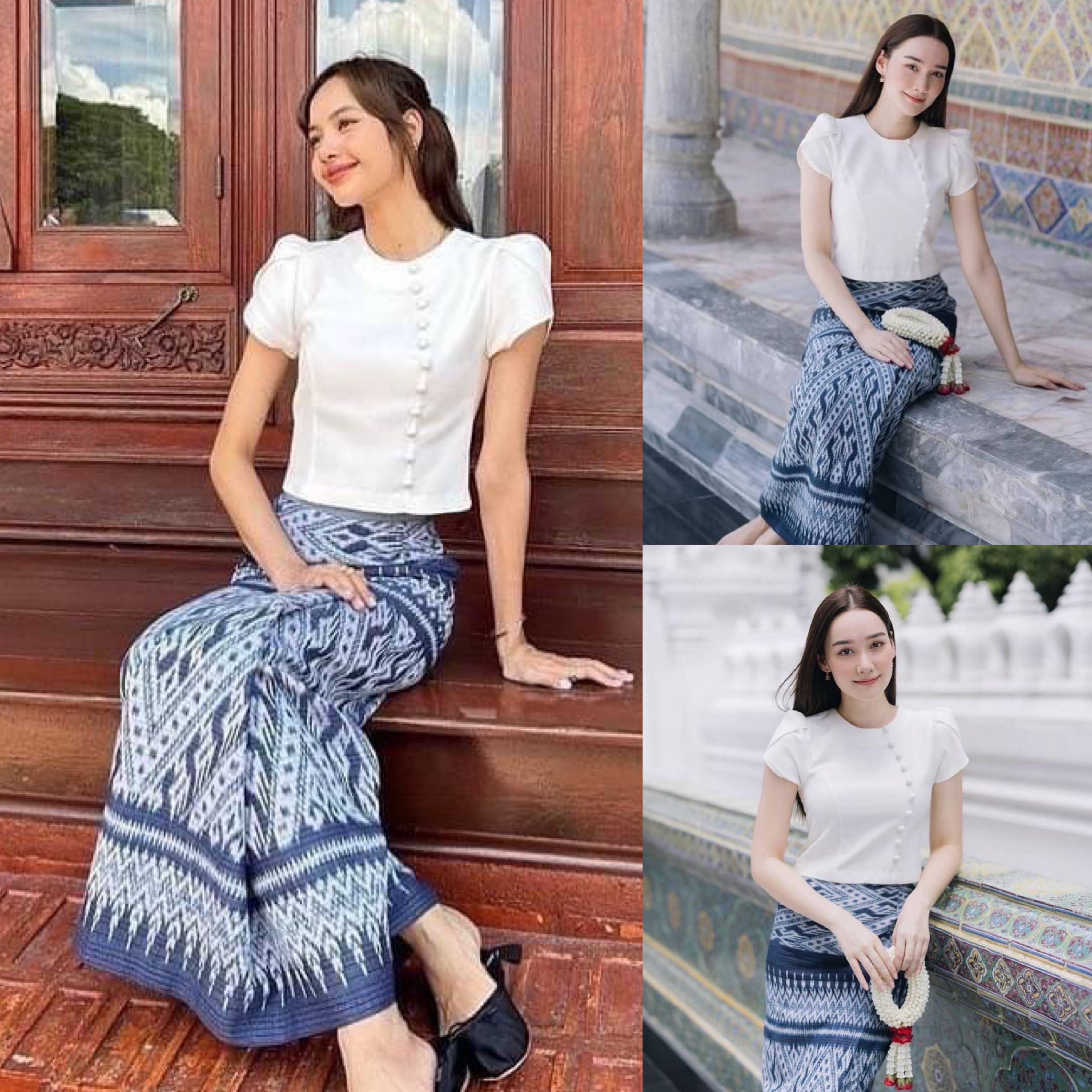 ชุดไทย เซ็ตเสื้อแขนตุ๊กตาแต่งกระดุมเรียงสีขาว มาคู่กับกระโปรงลูกไม้ผ้าถุงตัวยาวสีน้ำเงิน แพทเทิ้นสวยมากค่า สินค้าคุณภาพ (พร้อมส่ง)