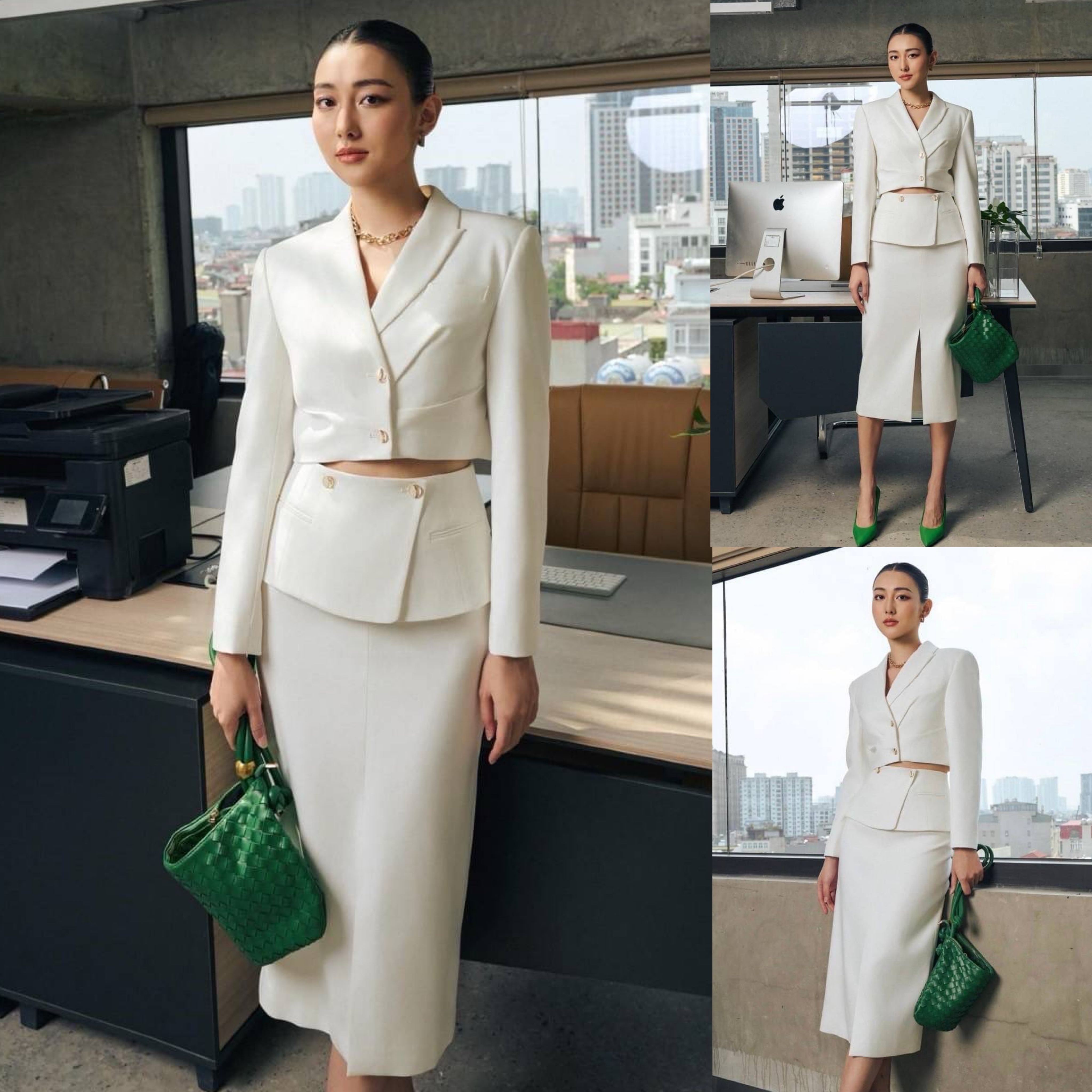 ชุดสูทสไตล์สาวออฟฟิศ เสื้อสูทครอปตัวสั้นแขนยาว +กระโปรงทรงสอบ ใส่สบาย สินค้าคุณภาพ (พร้อมส่ง)