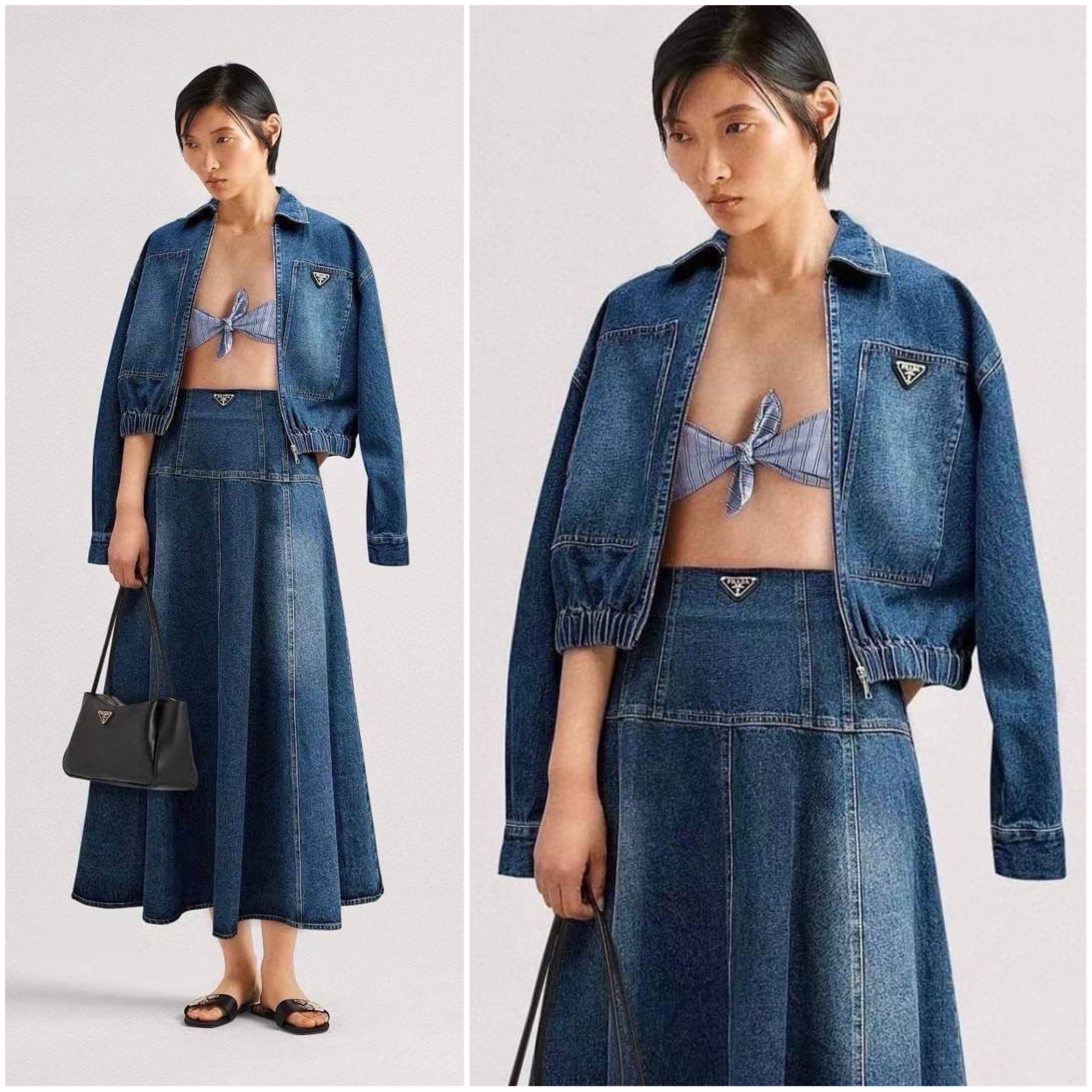 Set Jacket ยีนส์แขนยาวเอวจั๊มแต่งโลโก้แบรนด์ + กระโปรงยีนยาว PRADA : สินค้าคุณภาพ (พร้อมส่ง)