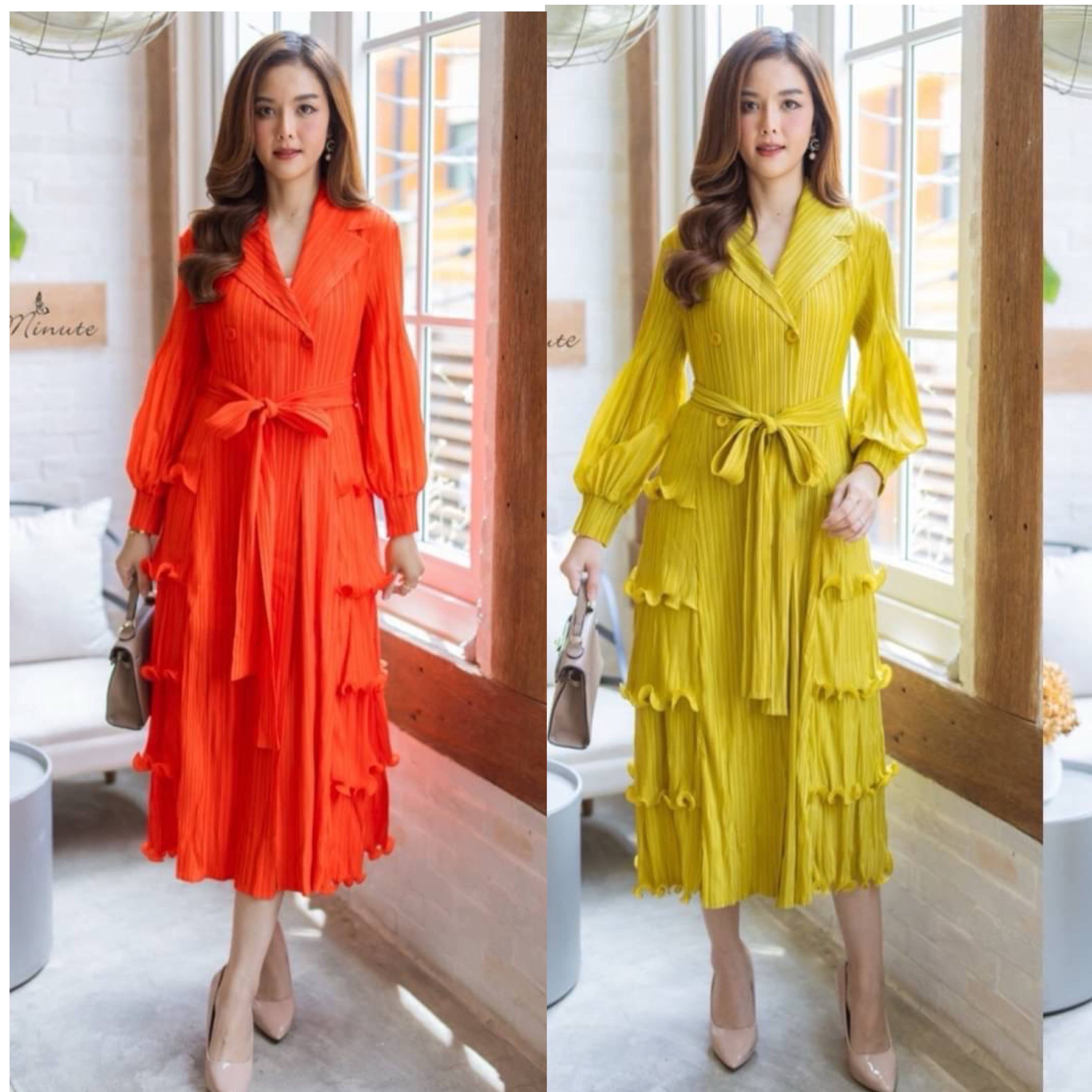 เดรสผ้าอัดพลีท งานแต่งดีเทลระบาย ด้านข้าง ปกคอเทเลอร์ มาพร้อมเชือก ผูก ชุดยืดหยุ่นได้ทั้งตัว ใส่สบาย : สินค้าคุณภาพ (พร้อมส่ง)