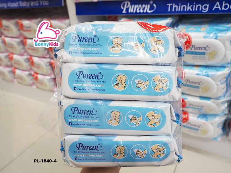 (7406) เบบี้ไวท์ ผ้าเช็ดทำความสะอาดผิว เพียวรีน สูตรแอนด์มายด์ แพค 4 ห่อ
