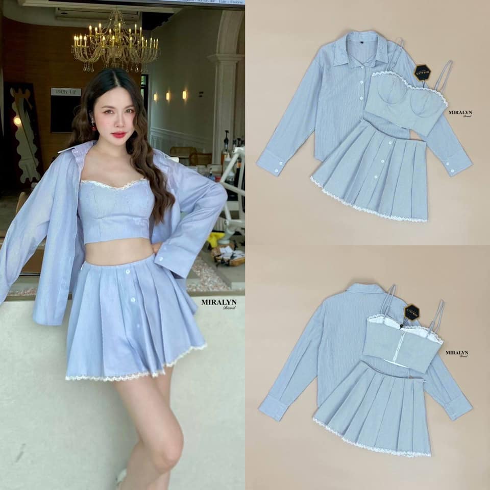 Set 3 ชิ้น เสื้อคอปกแขนยาวลายริ้วสีเทาตัดขาวมาพร้อมกับเซตสายเดี่ยวตัวในอกแต่งผ้าลูกไม้สายปรับได้อกมีฟองน้ำเสริมจับแมทคู่กับกระโปรงบานทรงจับจับชายกระโปรงแต่งผ้าลูกไม้สีขาว ใส่สบาย : สินค้าคุณภาพ (พร้อมส่ง)