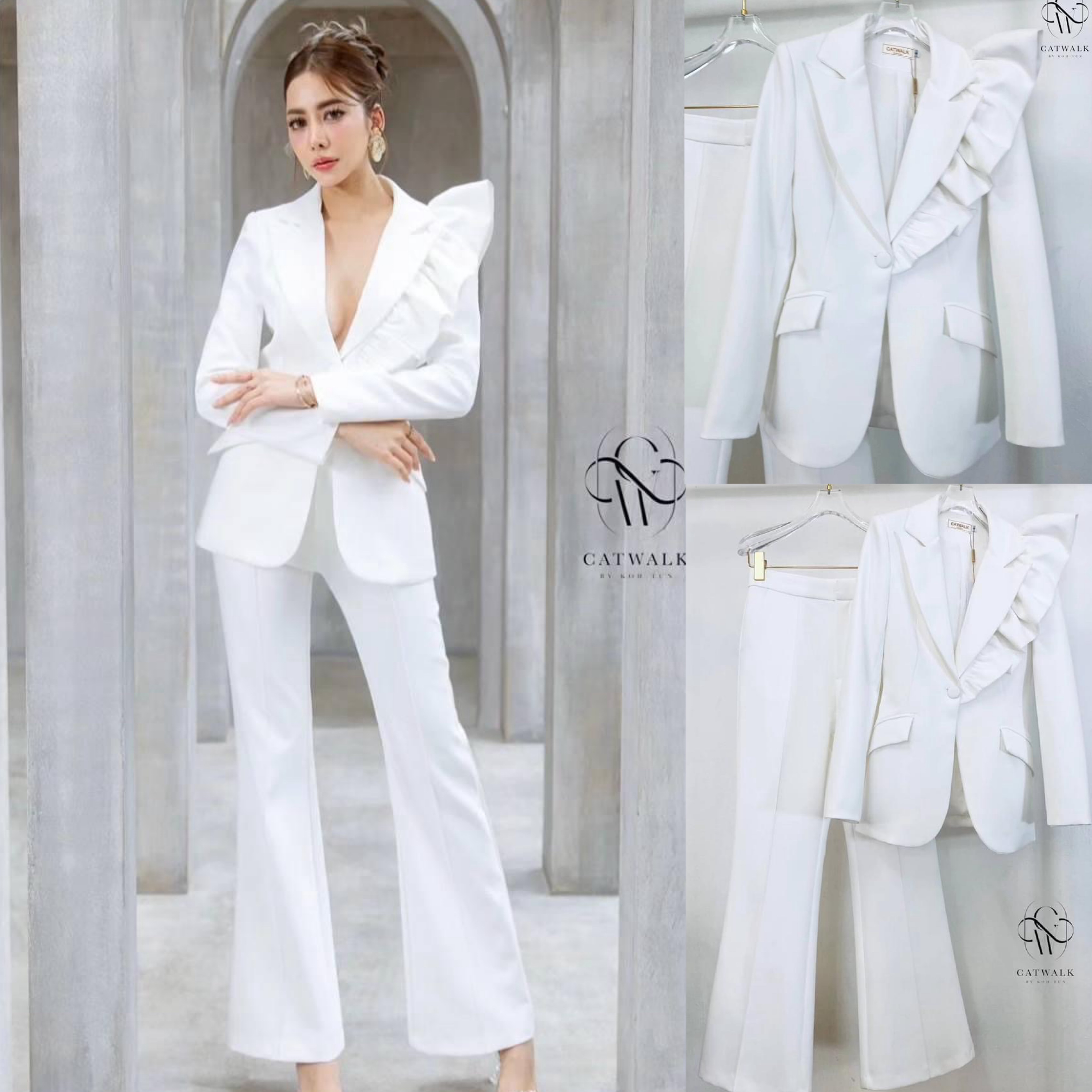 Setสูทแต่งระบายไหล่ข้างเดียว+กางเกงขายาว ทรงสวย ใส่สบาย สินค้าคุณภาพ (พร้อมส่ง)