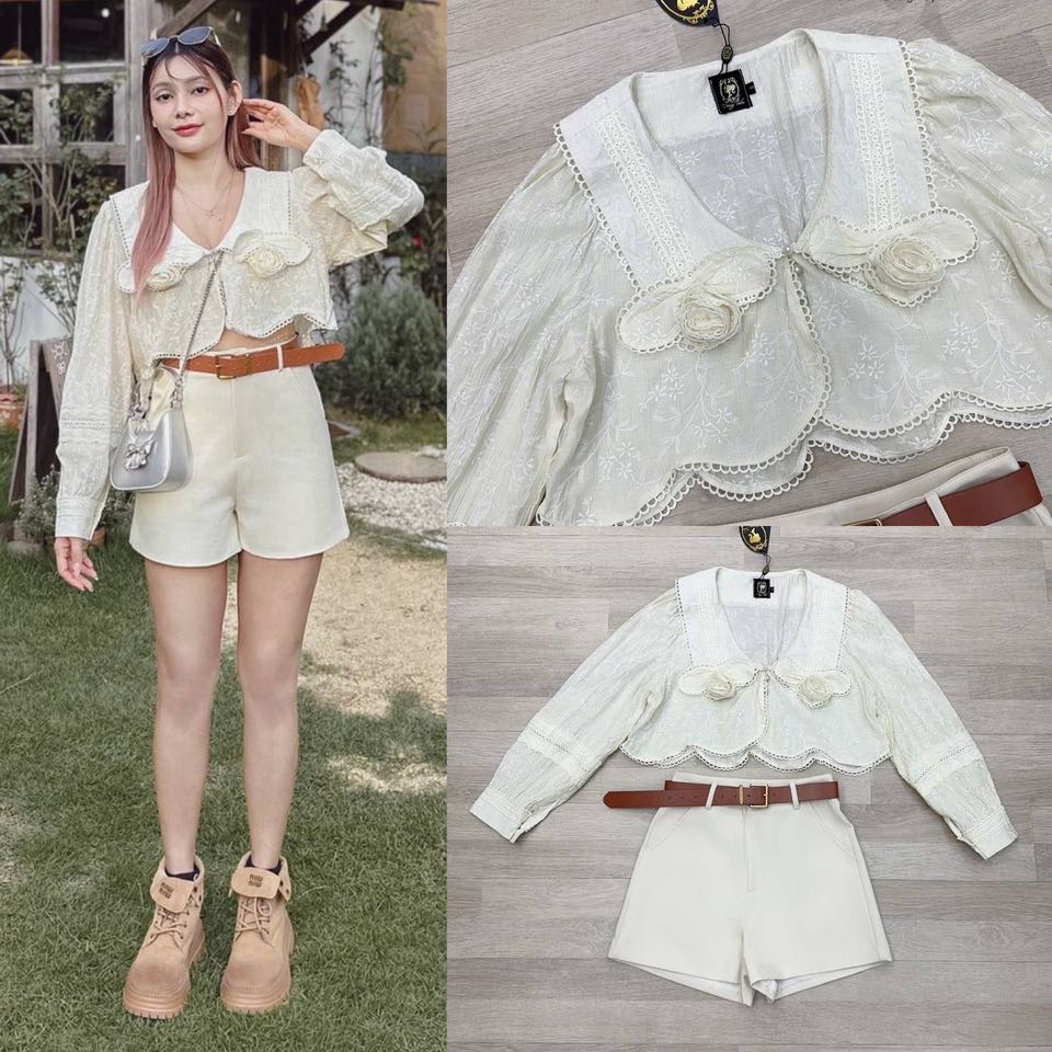 Set เสื้อแขนยาวลูกไม้คอปกบัวขอบหยักใช้ลูกไม้ทั้งชุด ปกติดดอกไม้3D. มีกระดุมมุกให้ แมตกางเกงขาสั้นสีครีม แมตเข้มขัดสีน้ำตาล ใส่สบาย : สินค้าคุณภาพ (พร้อมส่ง)
