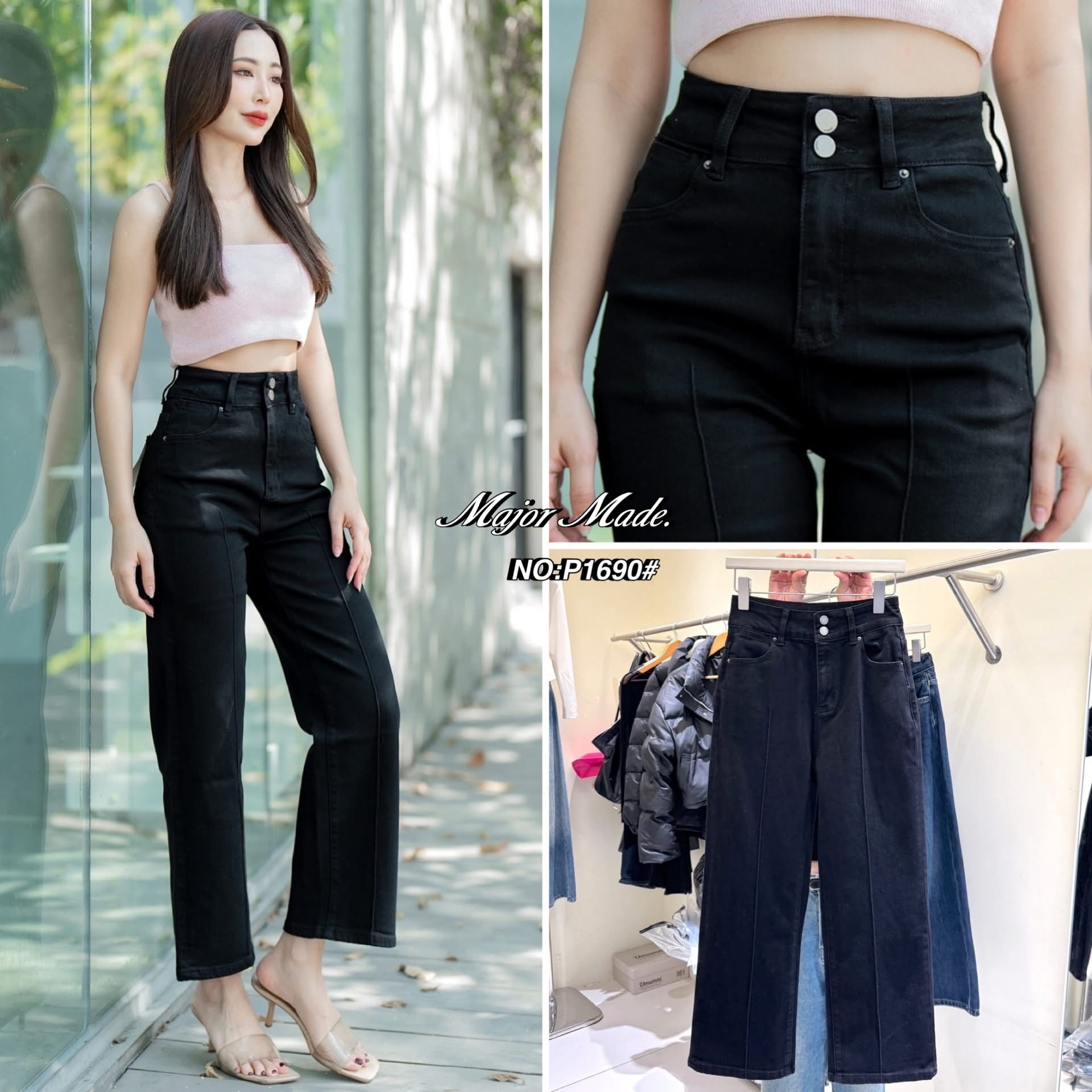 กางเกงยีนส์สีดำขา9ส่วน ปลายขาเย็บ เอวสูง แต่งกระดุม2เม็ด ดีเทลด้านหน้าแต่งตะเข็บเก๋ๆ เนื้อผ้ายืดหยุ่นเก็บทรง ใส่ดูเพรียวมาก(ผ้ายืด) ใส่สบาย : สินค้าคุณภาพ (พร้อมส่ง)