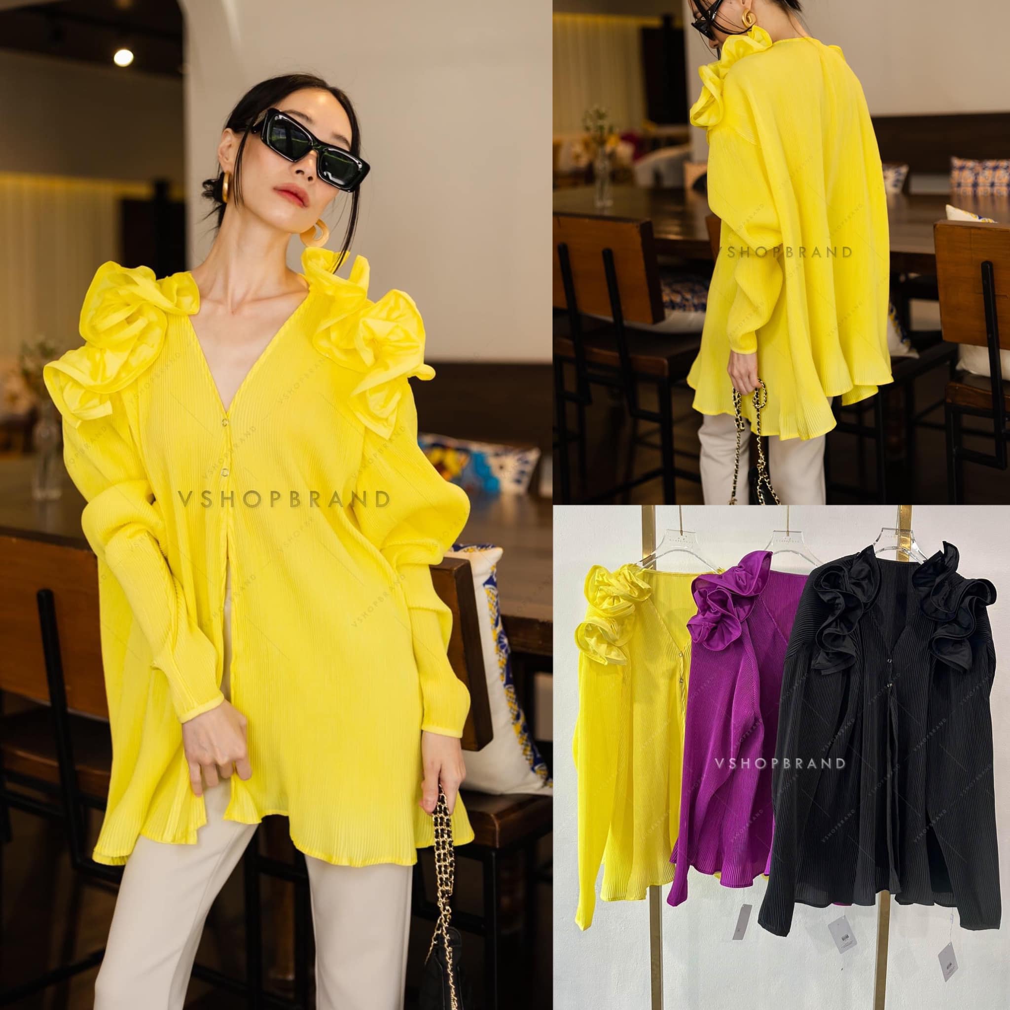 เสื้ออัดพลีท ติดดอกไหล่ : สินค้าคุณภาพ (พร้อมส่ง)