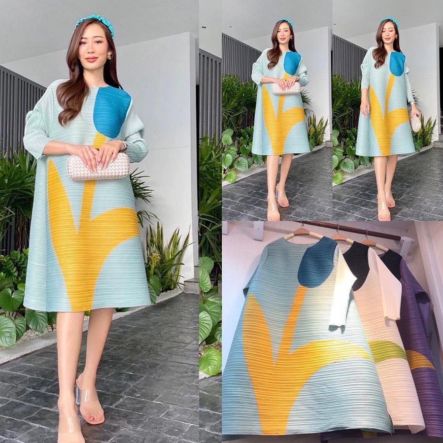 เดรสอัดพลีท งานสวยไฮโซ ทรงคอกลม ชายบาน A Line 😍 พิมพ์ลายดอกทิวลิป สินค้าคุณภาพ (พร้อมส่ง)