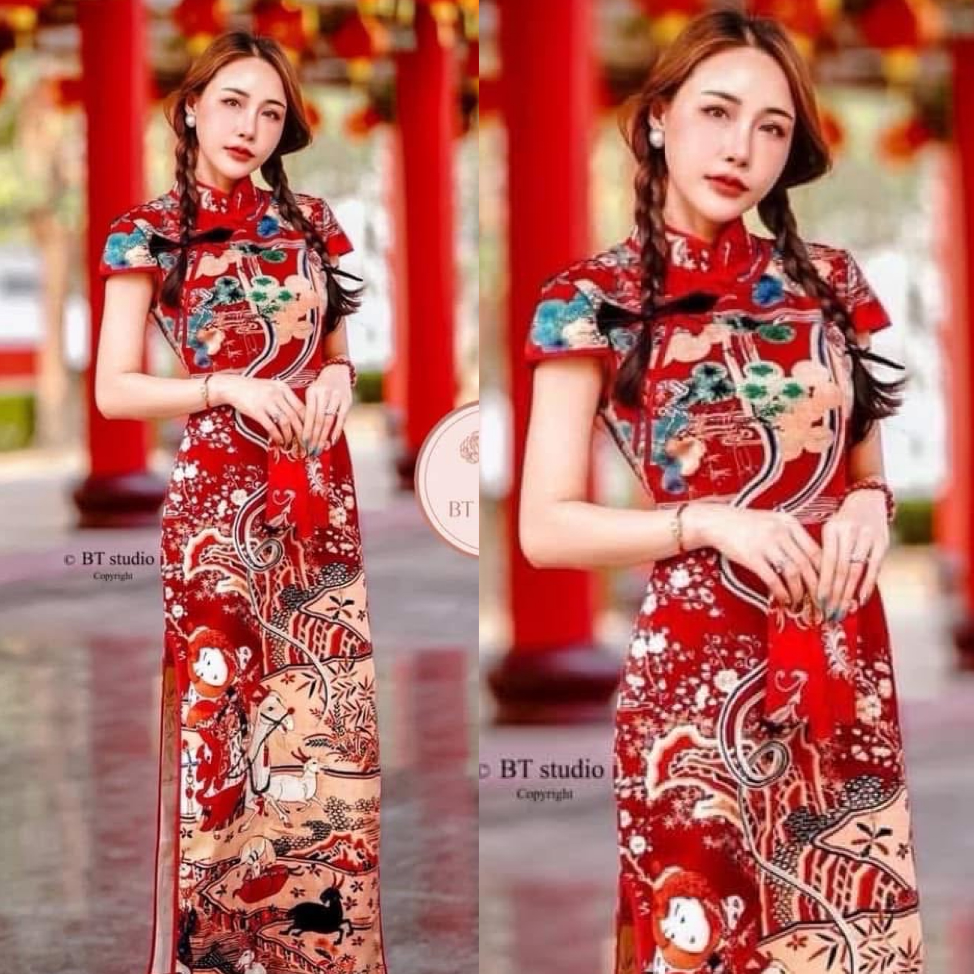 เดรสกี่เพ้า แต่งคอจีน พื้นสีพิมพ์ลายสวยม๊าก ห้ามพลาดเลยคร้าา limited ม๊ากคร้า ใส่สบาย : สินค้าคุณภาพ (พร้อมส่ง)