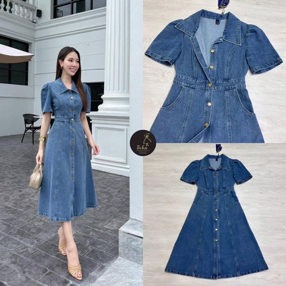 เดรสยีนส์เดย์นิมยาว คอปก แขนสั้น สียีนส์เข้ม ดีเทลแต่งกระดุมหน้ายาวถึงกระโปรง ใส่สบาย : สินค้าคุณภาพ (พร้อมส่ง)