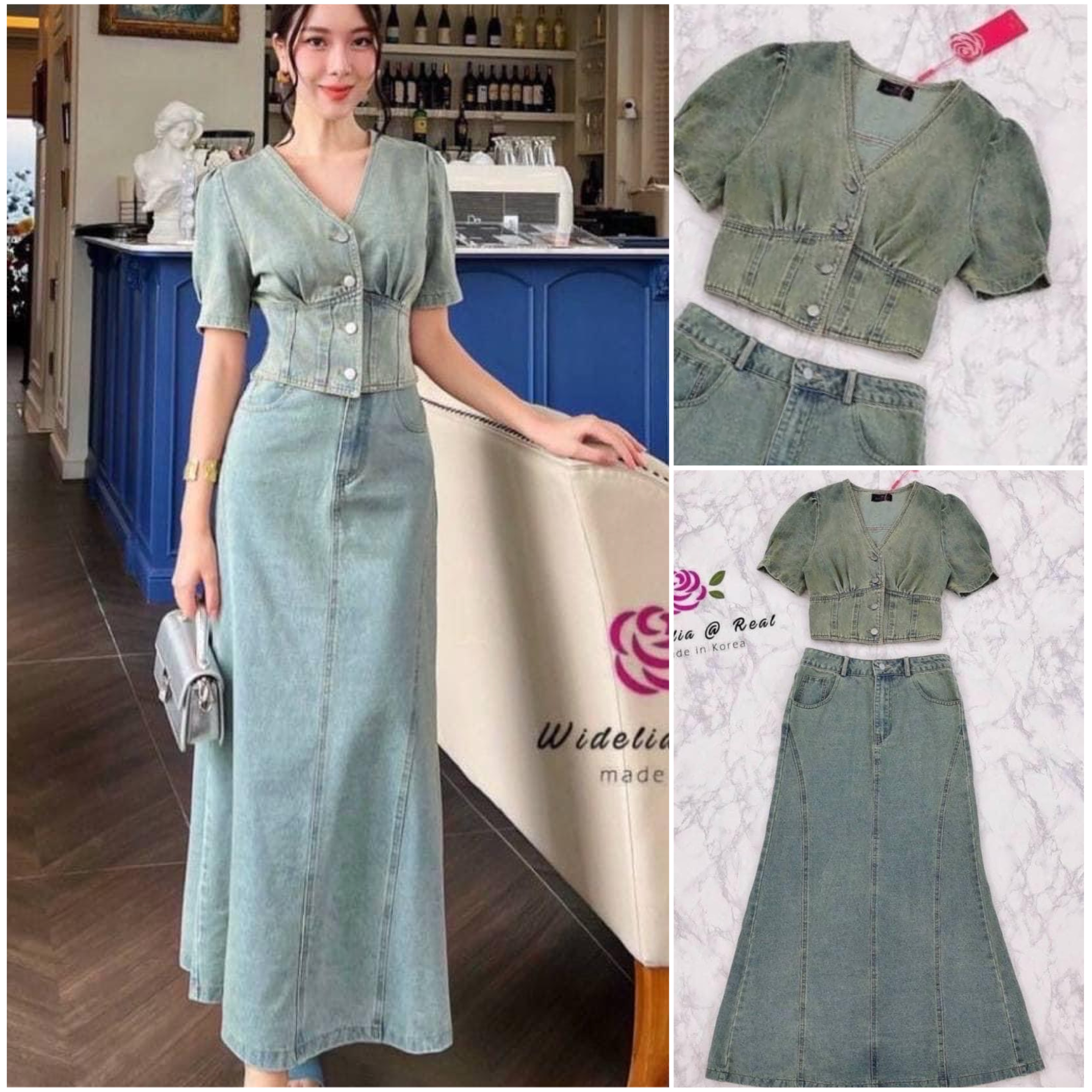 Set :: เสื้อแขนพองตัวสวยทรงดี คอวีสวย ท่อนแขนพองเป็นทรง ด้านหน้าแต่งกระดุมเรียง.+ กระโปรงทรงเอบานตัวยาวสวย . : สินค้าคุณภาพ (พร้อมส่ง). .